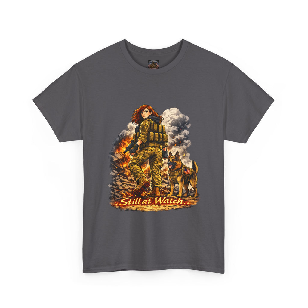 T-Shirt — "Still at Watch" Military Woman & K9 Fire Scene Graphic Tee