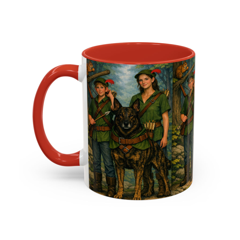 Robin Hood Duo &  Dutch Shepherd Dog Coffee Mug – Fantasy Archer Duo Illustration, Gift for Adventure Fans
