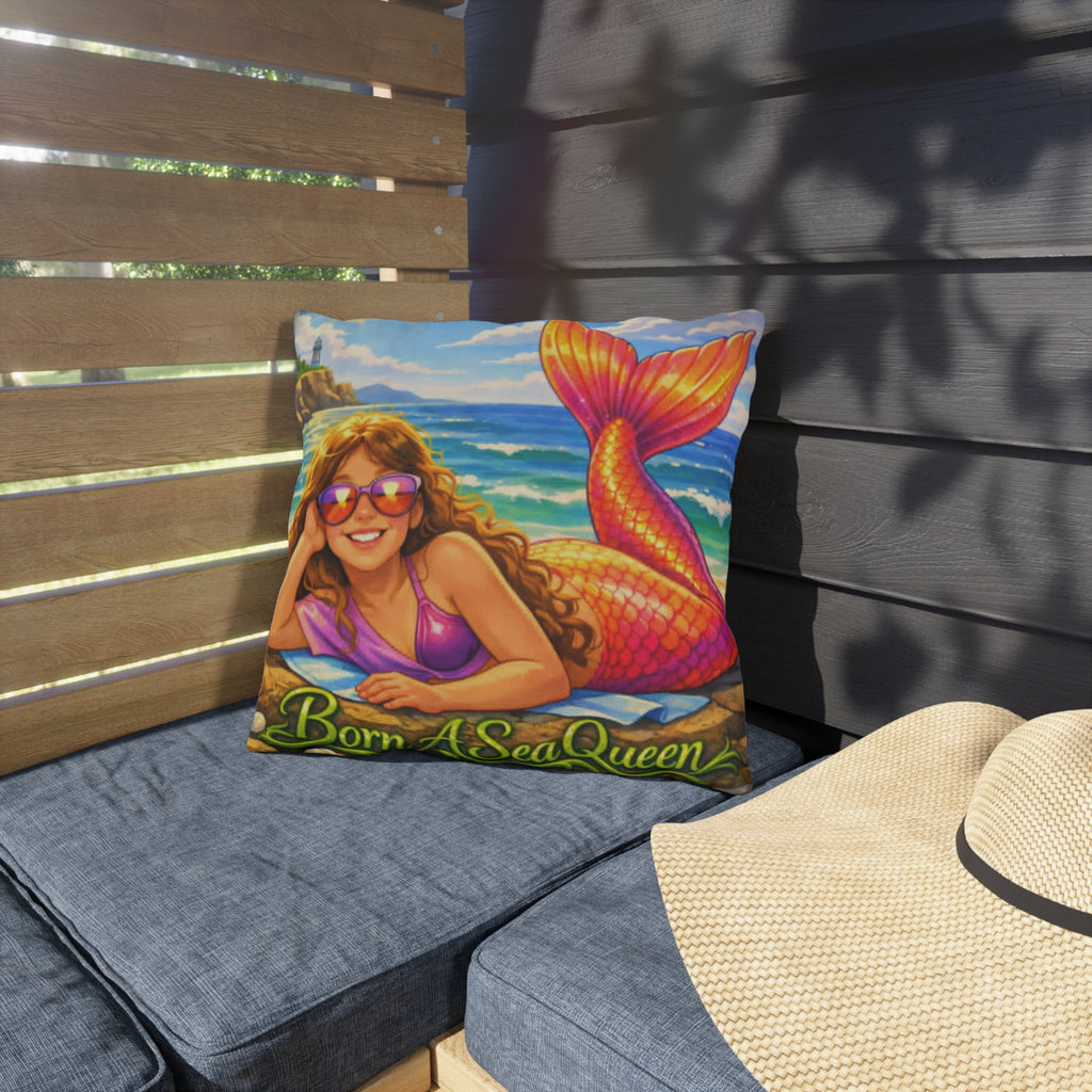 Mermaid "Born A Sea Queen" Outdoor Pillow — Colorful Beach Patio Cushion