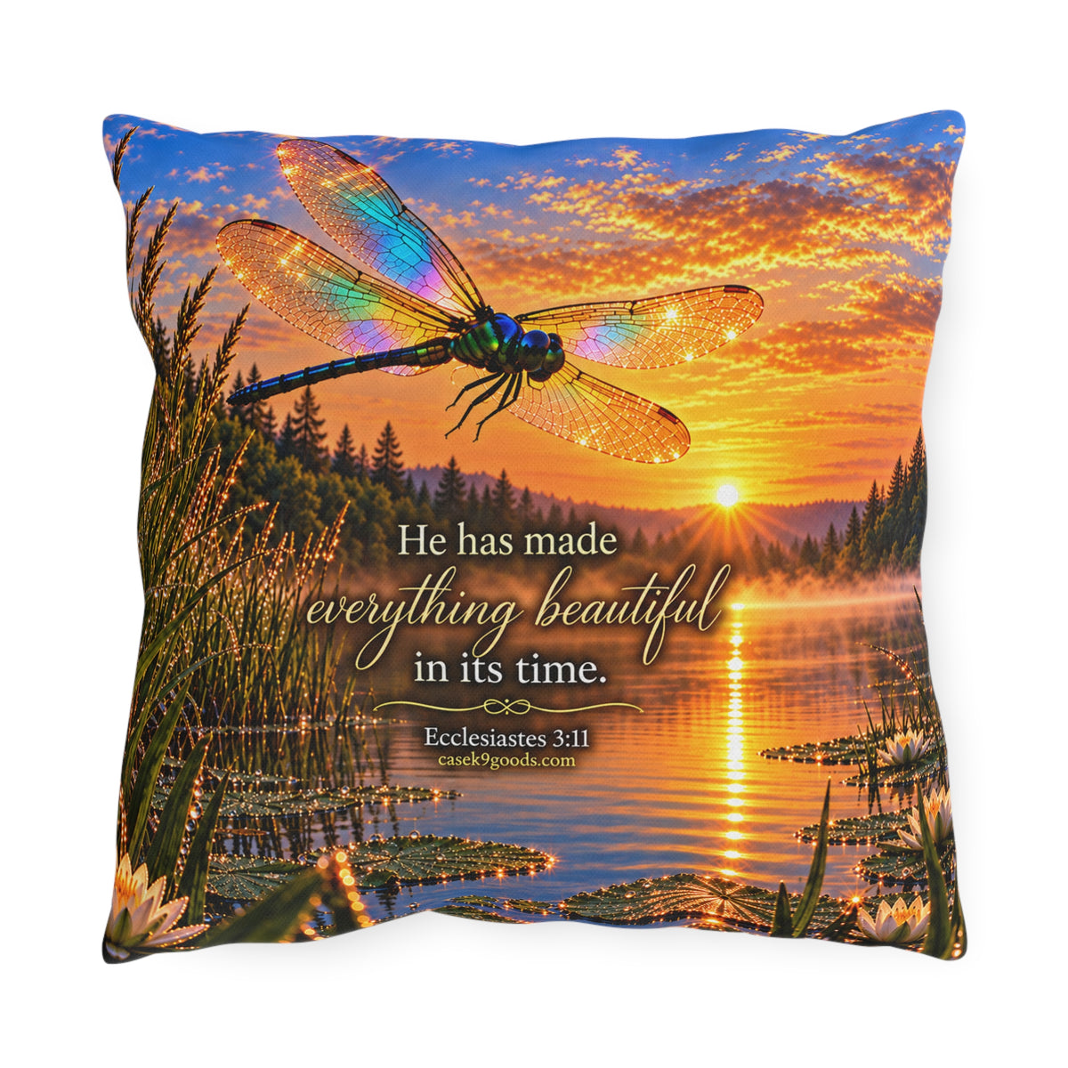 Outdoor Decorative Pillow – Dragonfly Sunset Lake with Ecclesiastes 3:11 Bible Verse