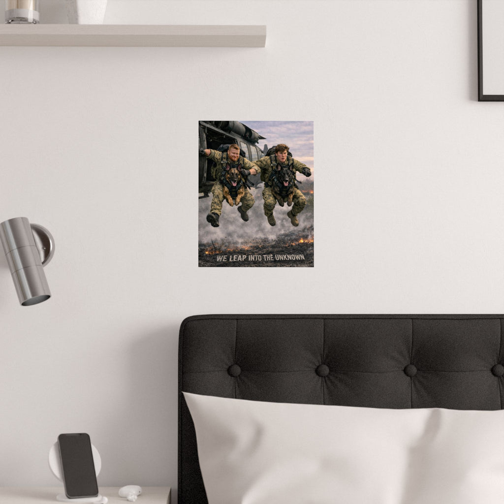 Military Paratroopers K-9 Team Poster — "We Leap Into The Unknown" Satin Print