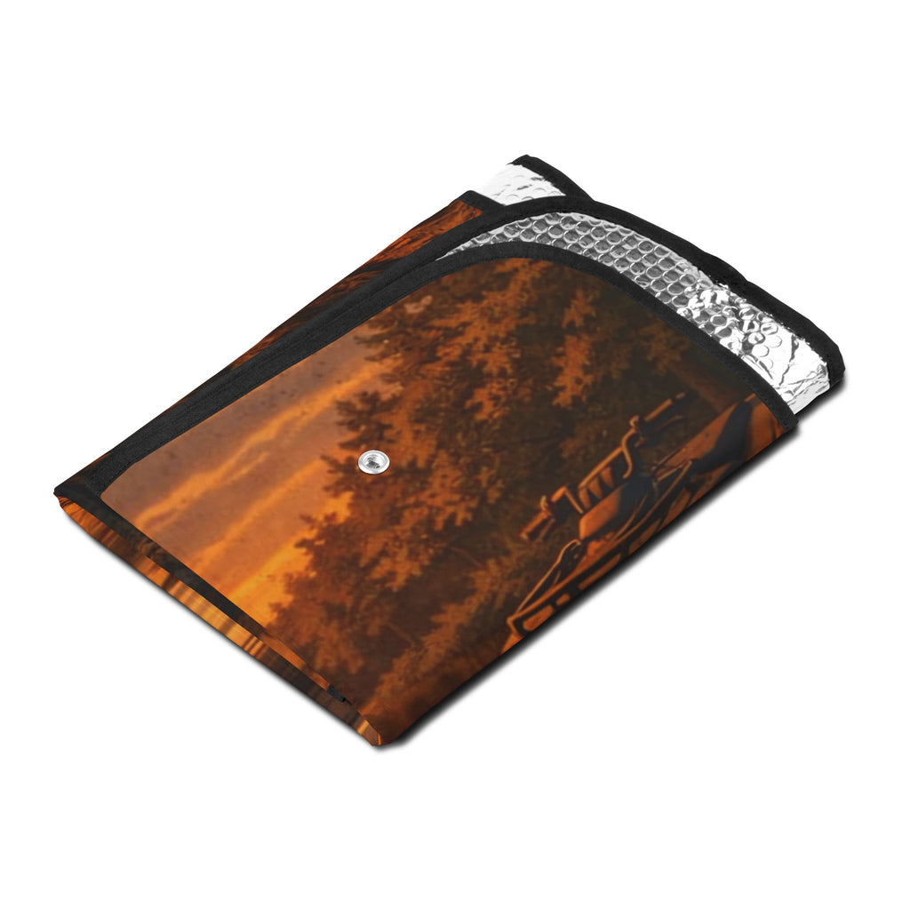 Camping Dogs Car Sunshade - Sunset Lake Scene Front Windshield Cover