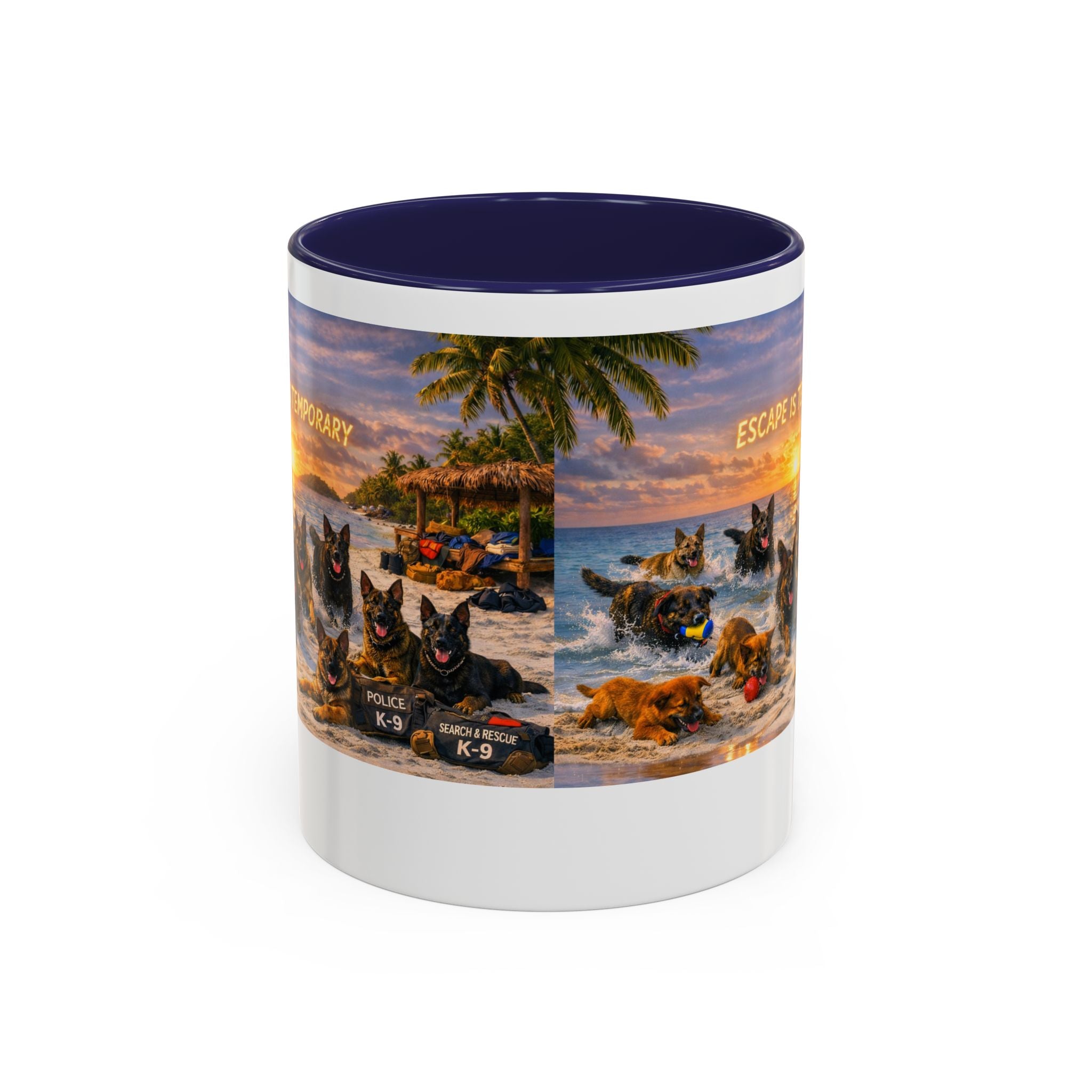 Dutch Shepherd Beach Coffee Mug — "Escape Is Temporary" Accent Mug (11/15oz)