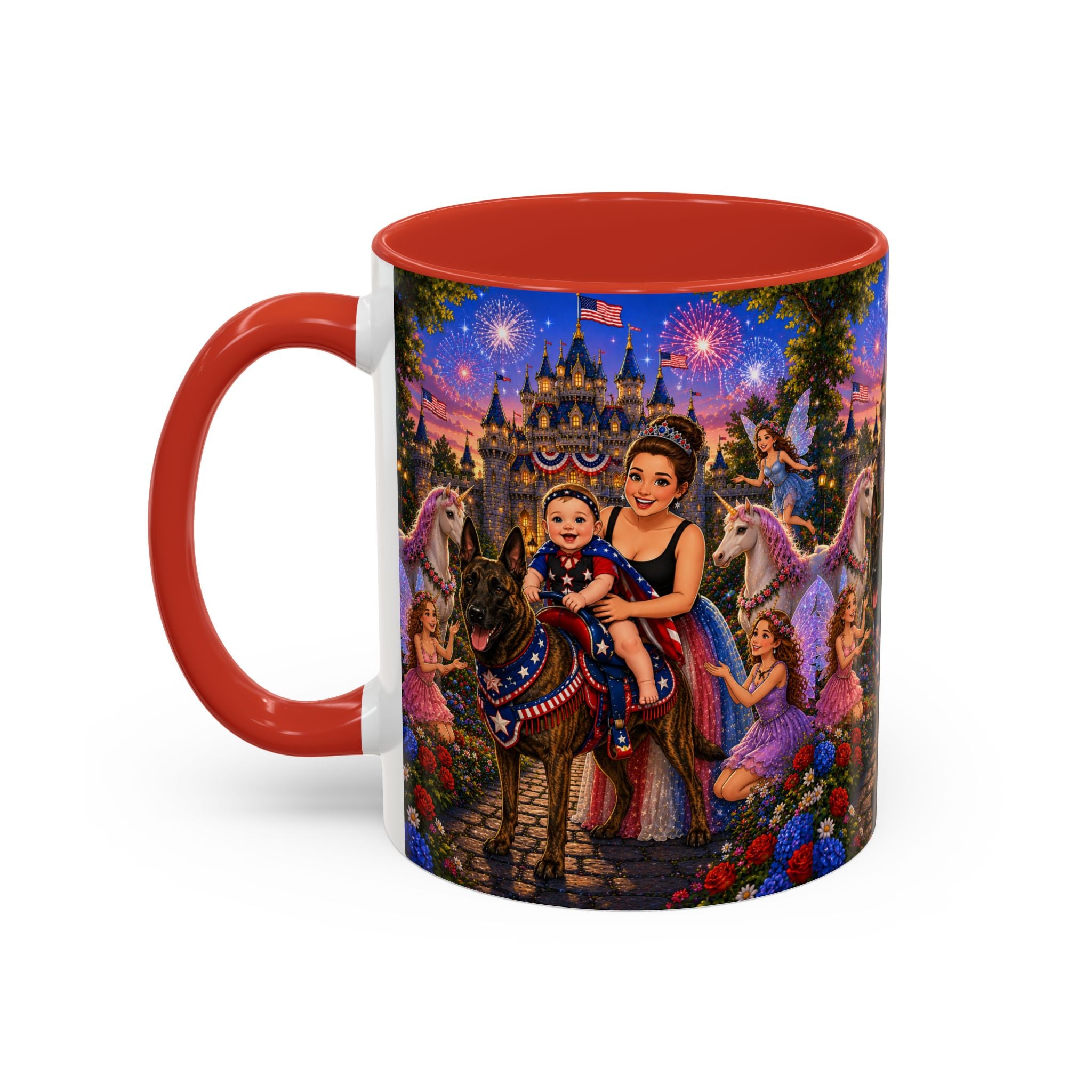 Patriotic Fairy Tale Coffee Mug — Family Castle, Fireworks & Unicorns