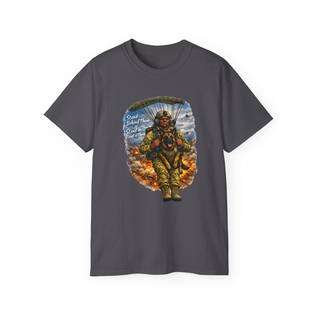Paratrooper Veteran T‑Shirt – 'Stand Behind Those Who Served' Military Parachute Graphic Tee