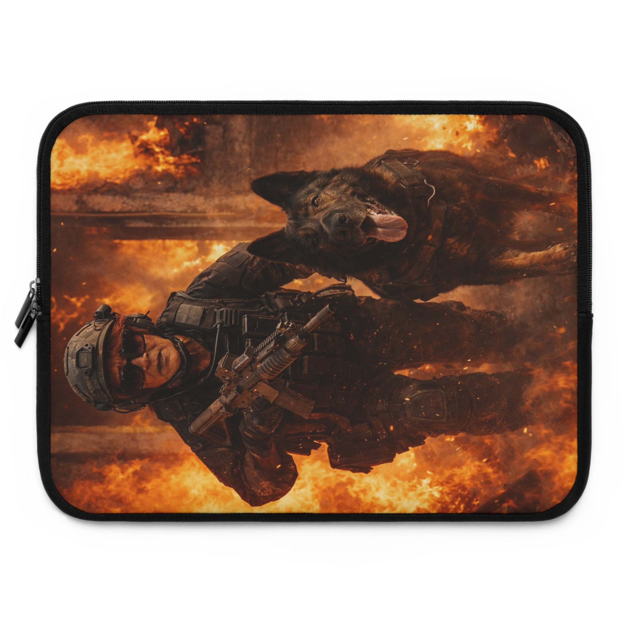 Tactical Soldier & K9 Laptop Sleeve — Military Action Firestorm Design