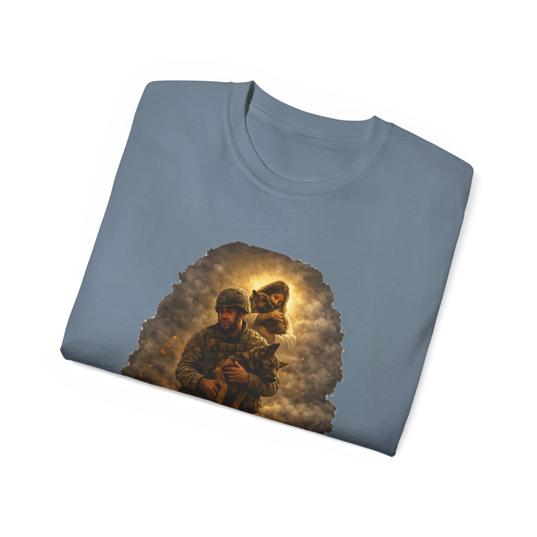 T-Shirt — "A Soldier's Last Goodbye and a Savior's First Embrace" Patriotic Military Tribute