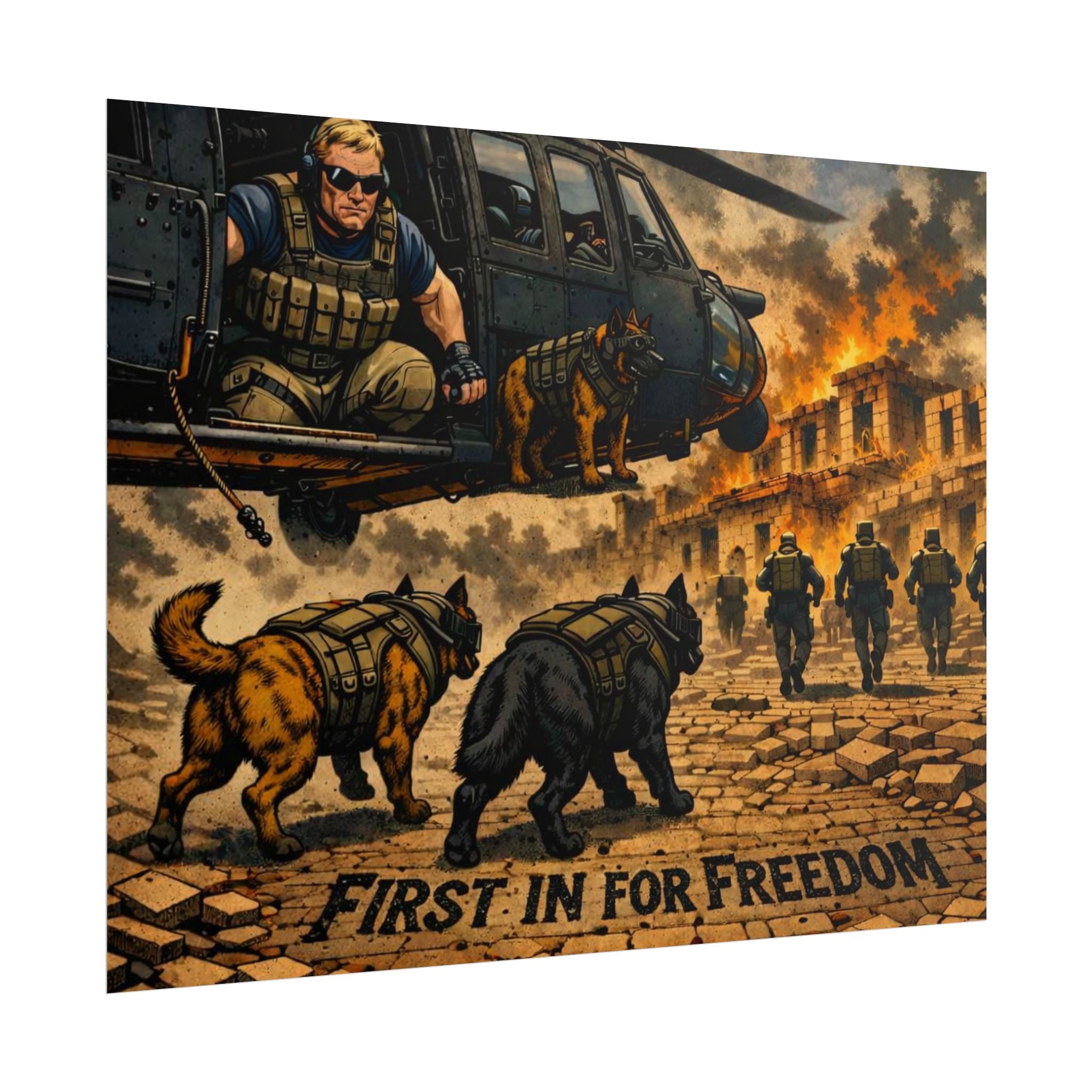 Rolled Poster — "First In For Freedom" Military K9 Helicopter Wall Art