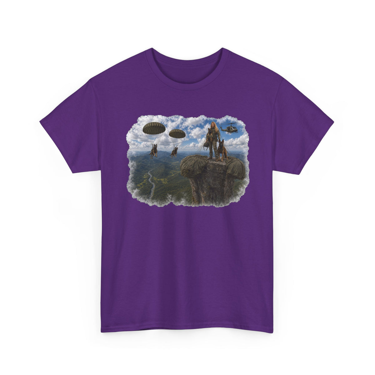 Fantasy Adventure T-Shirt — Warrior on Cliff with Airship Sky Scene