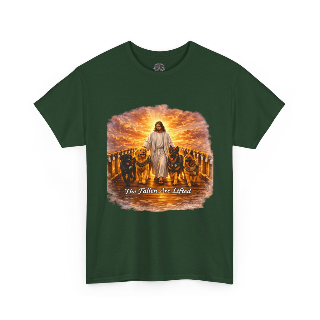 Jesus with Dogs T-Shirt — "The Fallen Are Lifted" Christian Faith Tee