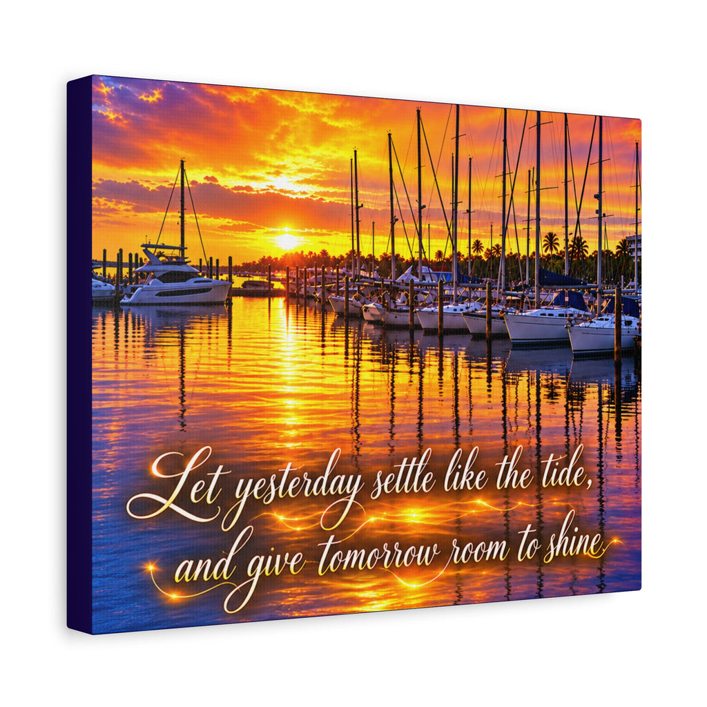 Sunset Marina Canvas Wall Art – “Let Yesterday Settle Like the Tide” Inspirational Coastal Decor