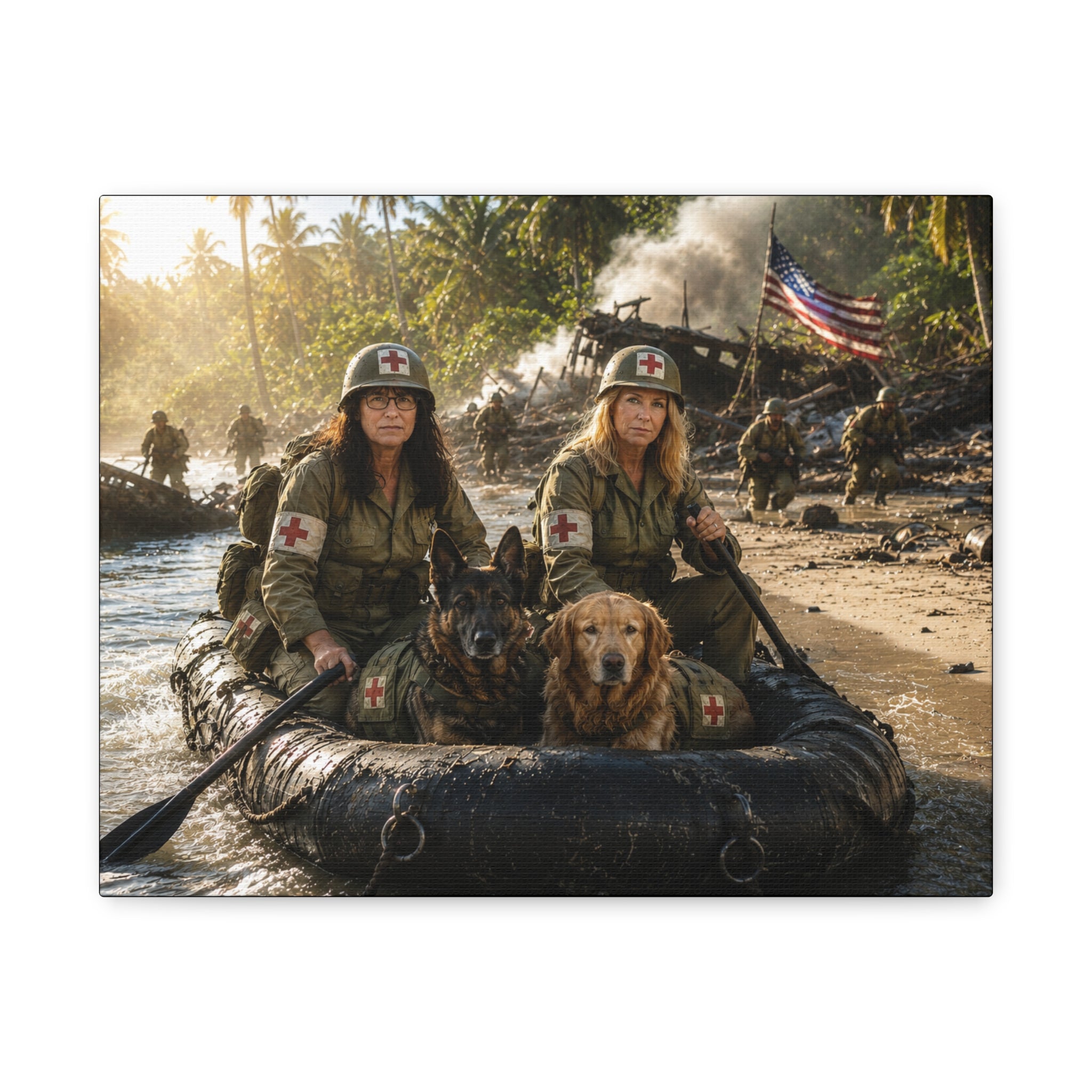 Military Women K-9 Medic Rescue Canvas Print — WWII Beach Landing Wall Art