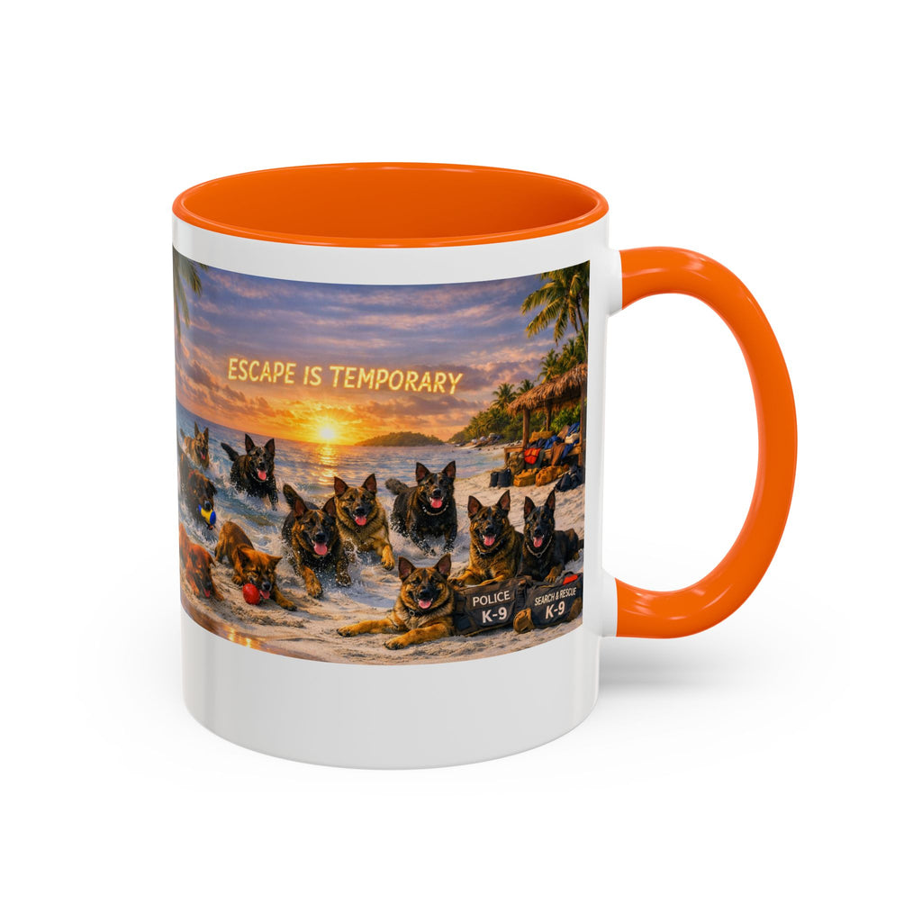 Dutch Shepherd Beach Coffee Mug — "Escape Is Temporary" Accent Mug (11/15oz)
