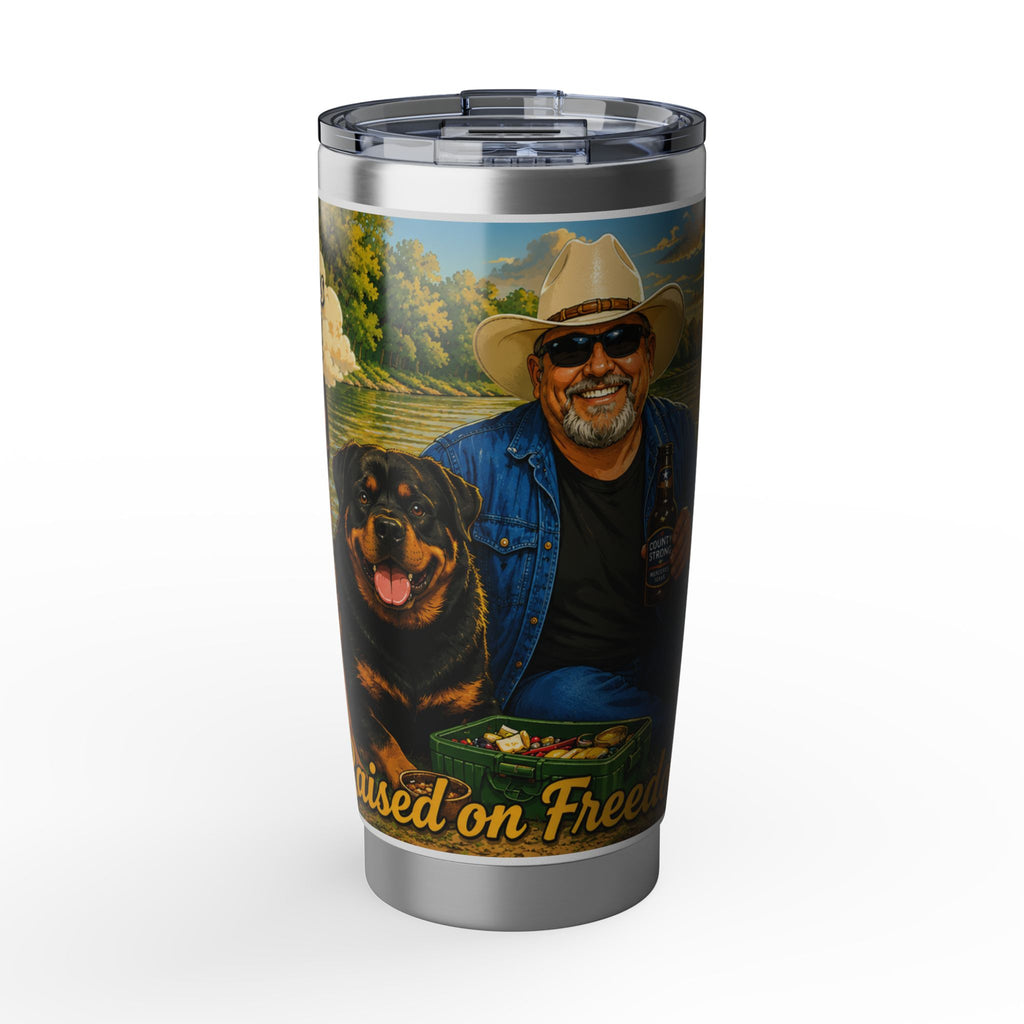 20oz Tumbler — 'Raised on Freedom' Cowboy & Rottweiler Travel Mug