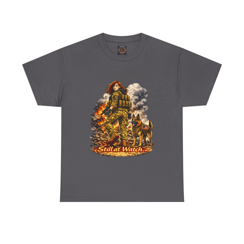 T-Shirt — "Still at Watch" Military Woman & K9 Fire Scene Graphic Tee
