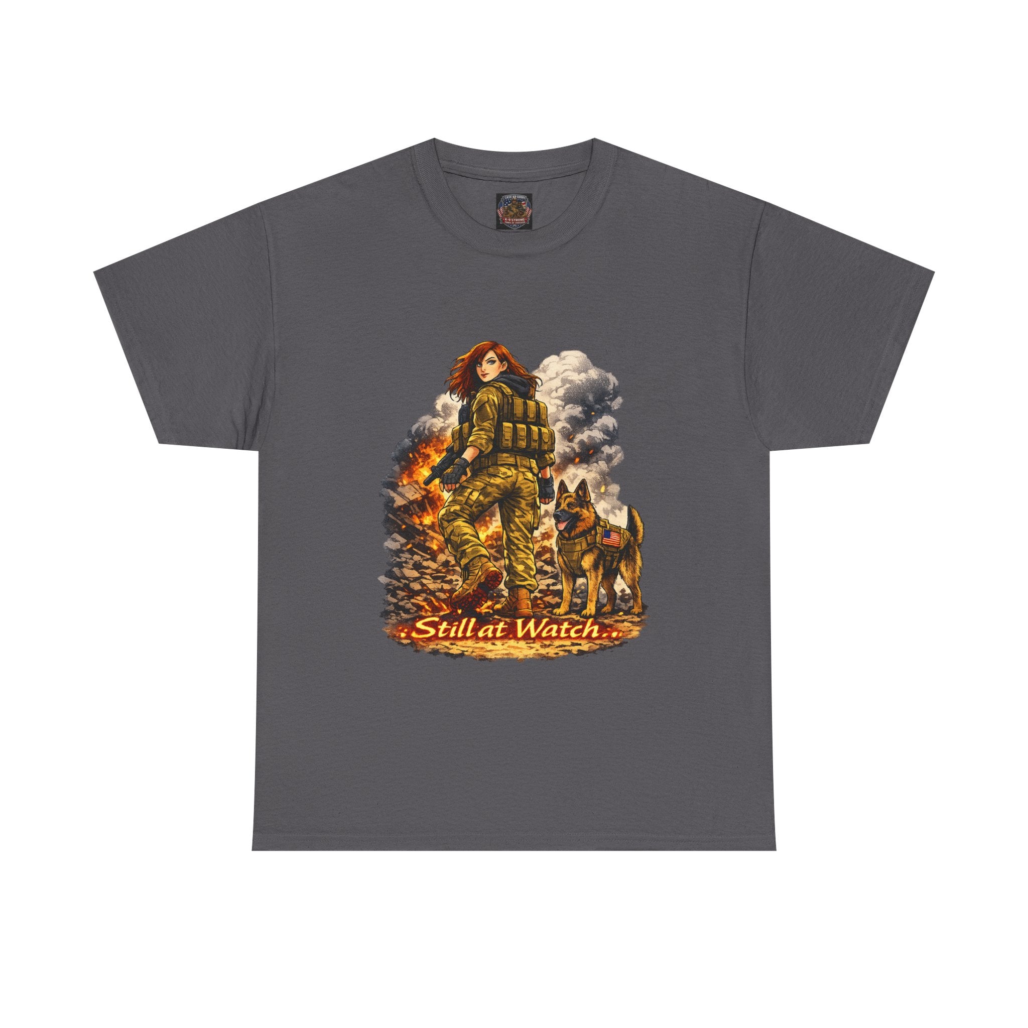 T-Shirt — "Still at Watch" Military Woman & K9 Fire Scene Graphic Tee