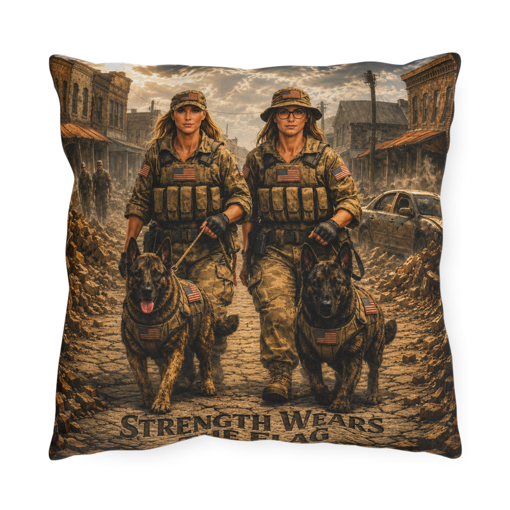 Outdoor Pillow — Female Soldier K9 Unit Design, "Strength Wears a Badge" Military Decorative Pillow