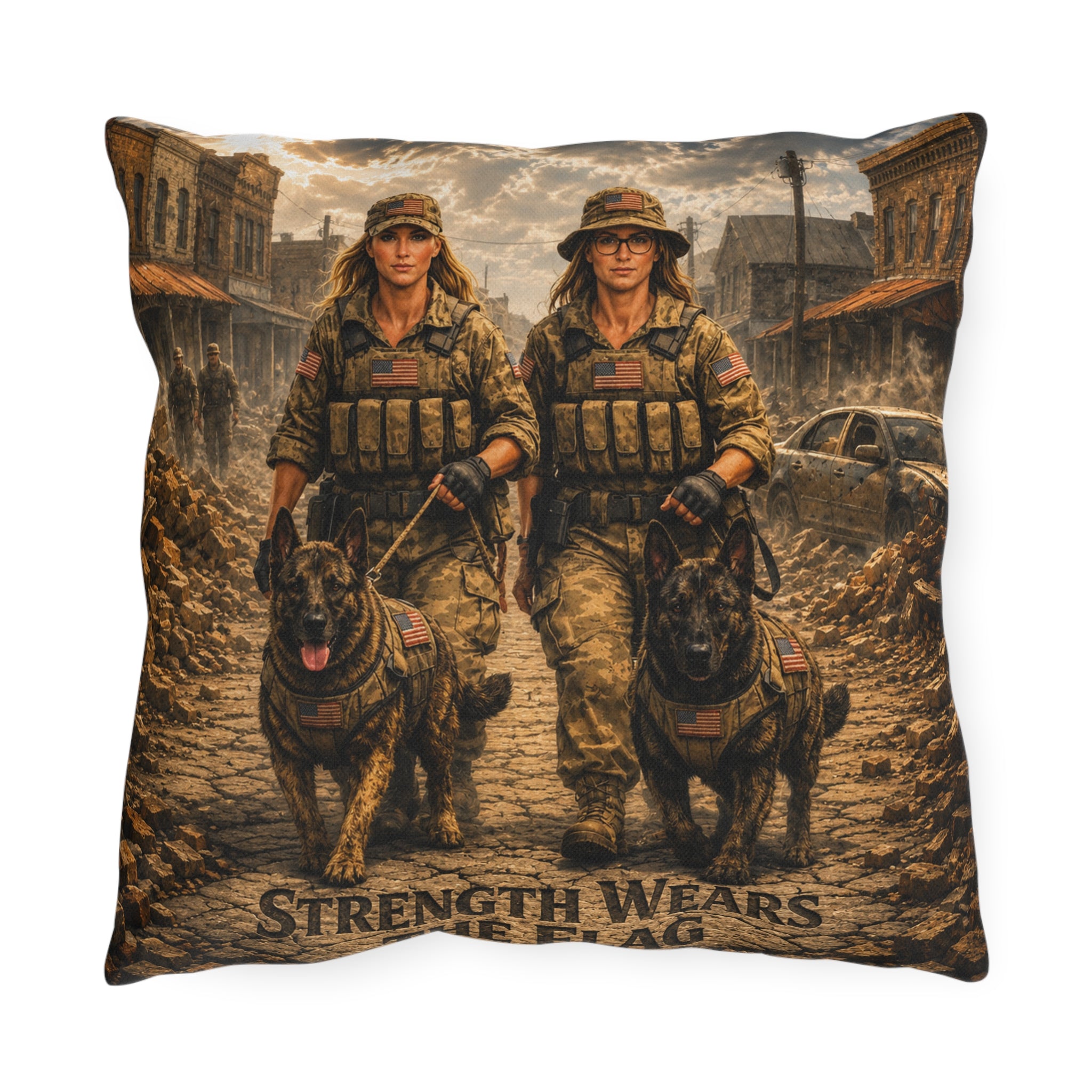 Outdoor Pillow — Female Soldier K9 Unit Design, "Strength Wears a Badge" Military Decorative Pillow