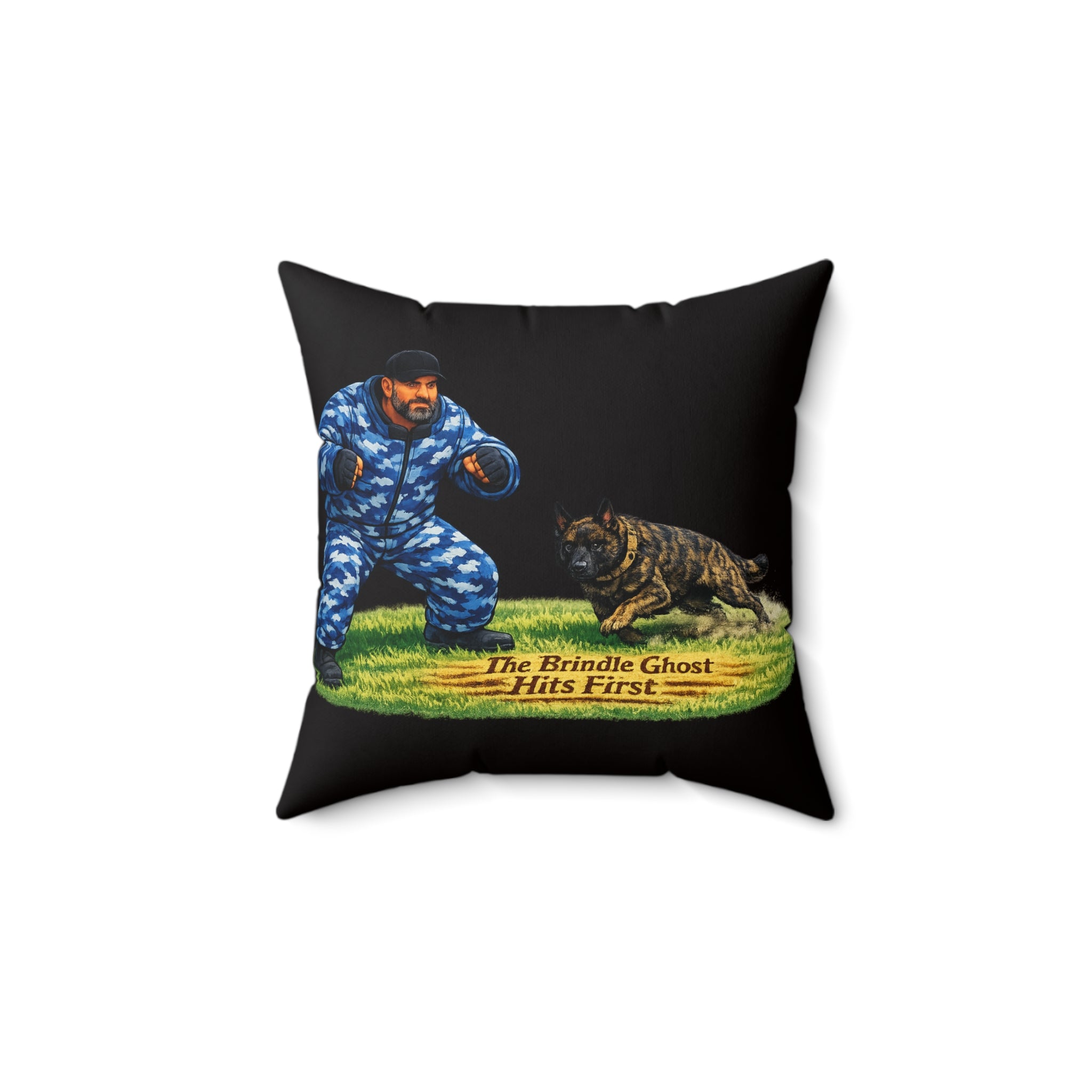 Brindle Ghost Pillow – 'The Brindle Ghost Hits First' Decorative Throw Pillow