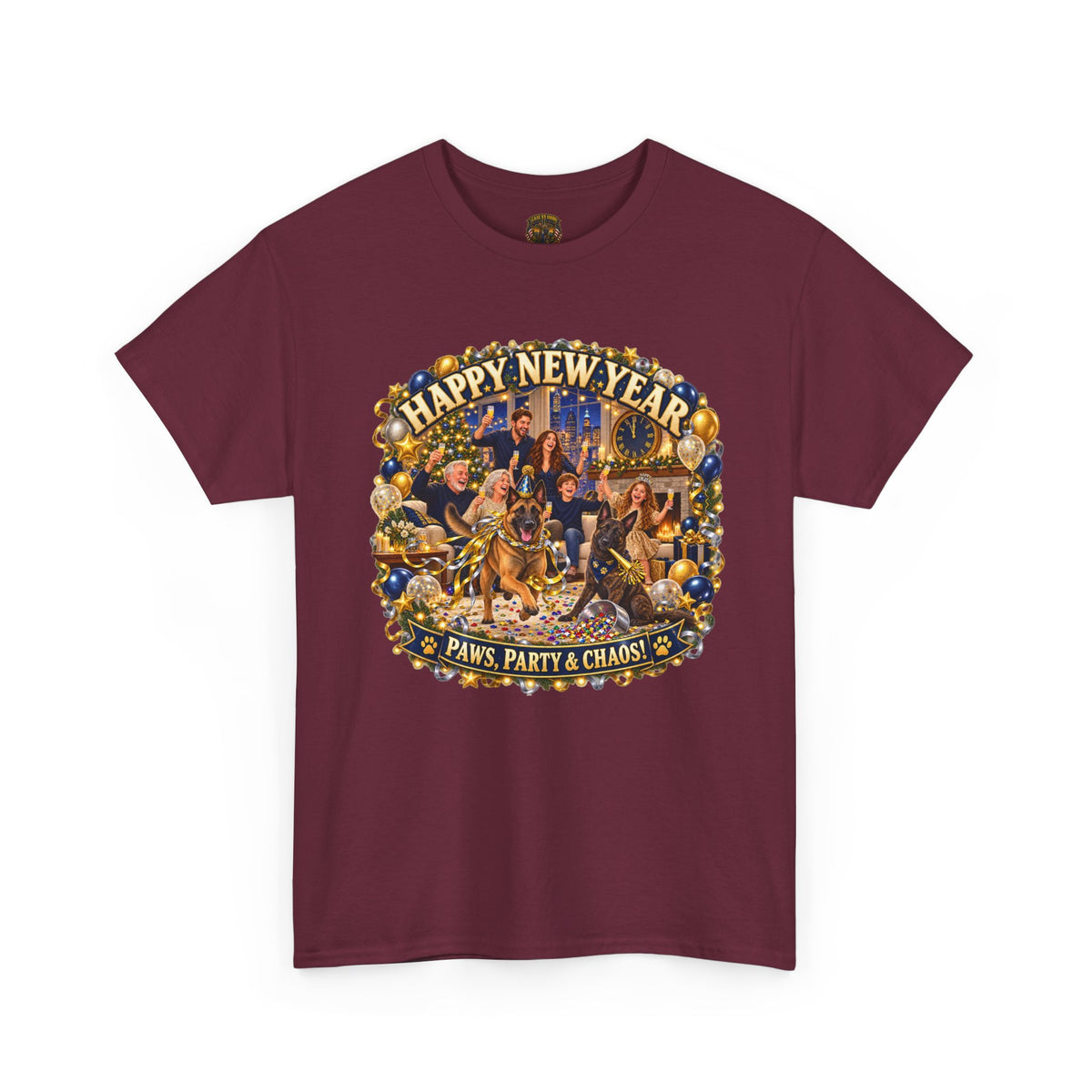 Happy New Year Party T-Shirt — "Paws, Party & Chaos" Malinois K-9 Celebration Tee
