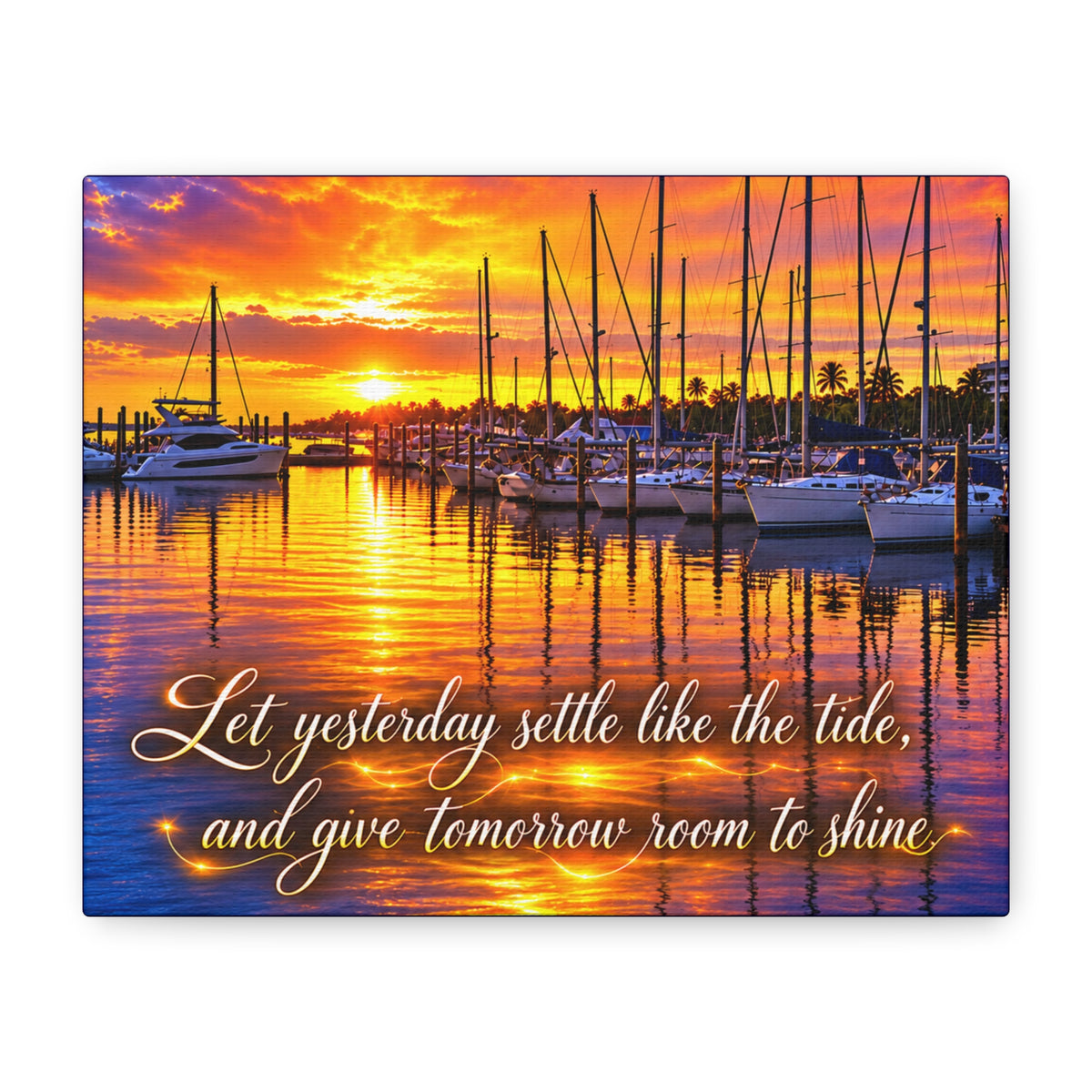 Sunset Marina Canvas Wall Art – “Let Yesterday Settle Like the Tide” Inspirational Coastal Decor
