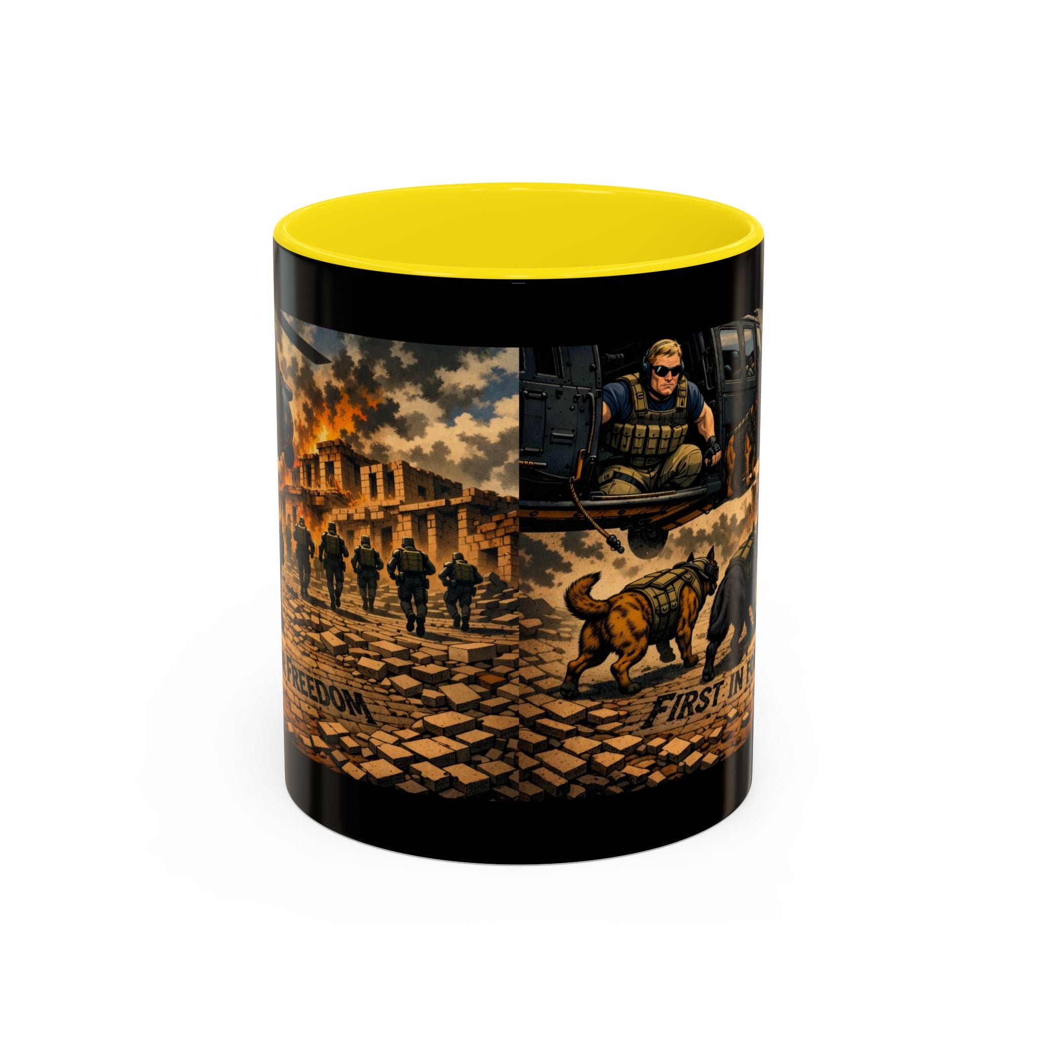 Military K9 Coffee Mug — 'First In for Freedom' Accent Ceramic Mug