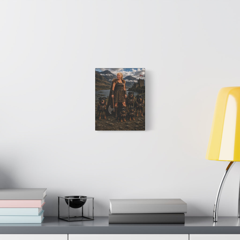 Viking Shieldmaiden Canvas Print — Warrior Woman with Armored Rottweilers