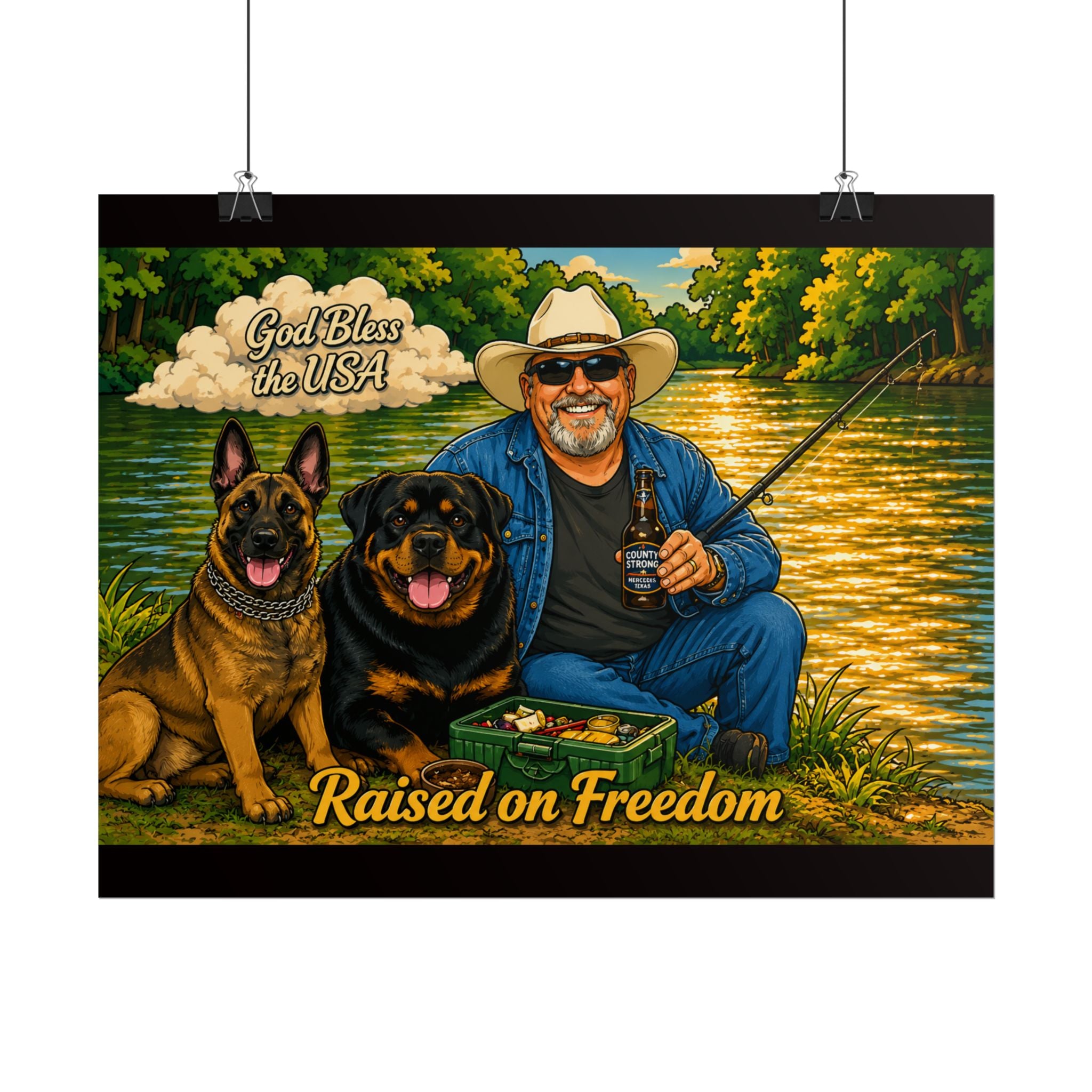 Raised on Freedom Poster — "God Bless the USA" Fishing Scene with Dogs