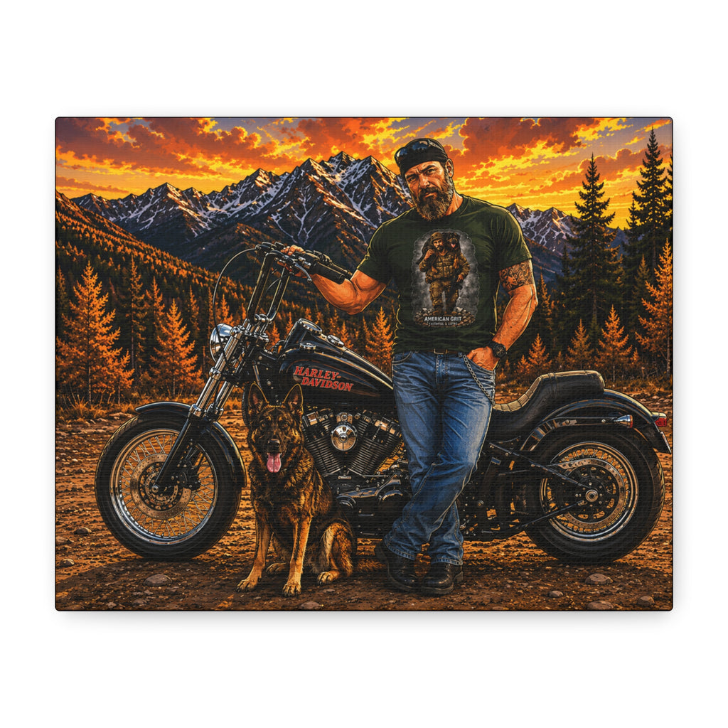 Biker & German Shepherd Matte Canvas Print — Sunset Mountain Motorcycle Wall Art