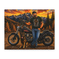 Biker & German Shepherd Matte Canvas Print — Sunset Mountain Motorcycle Wall Art