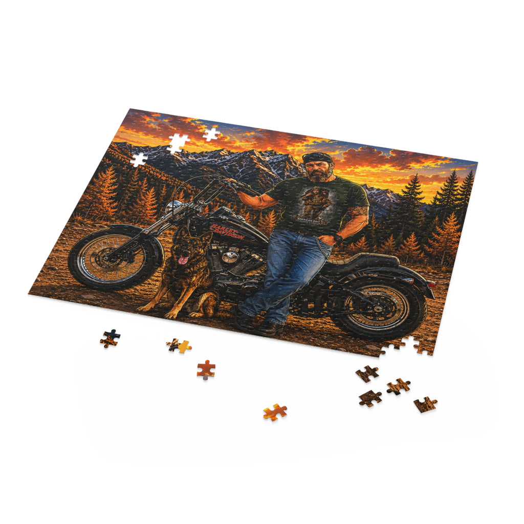 Motorcycle Sunset Puzzle — Biker with Dog Mountain Scene (120/252/500-Piece)