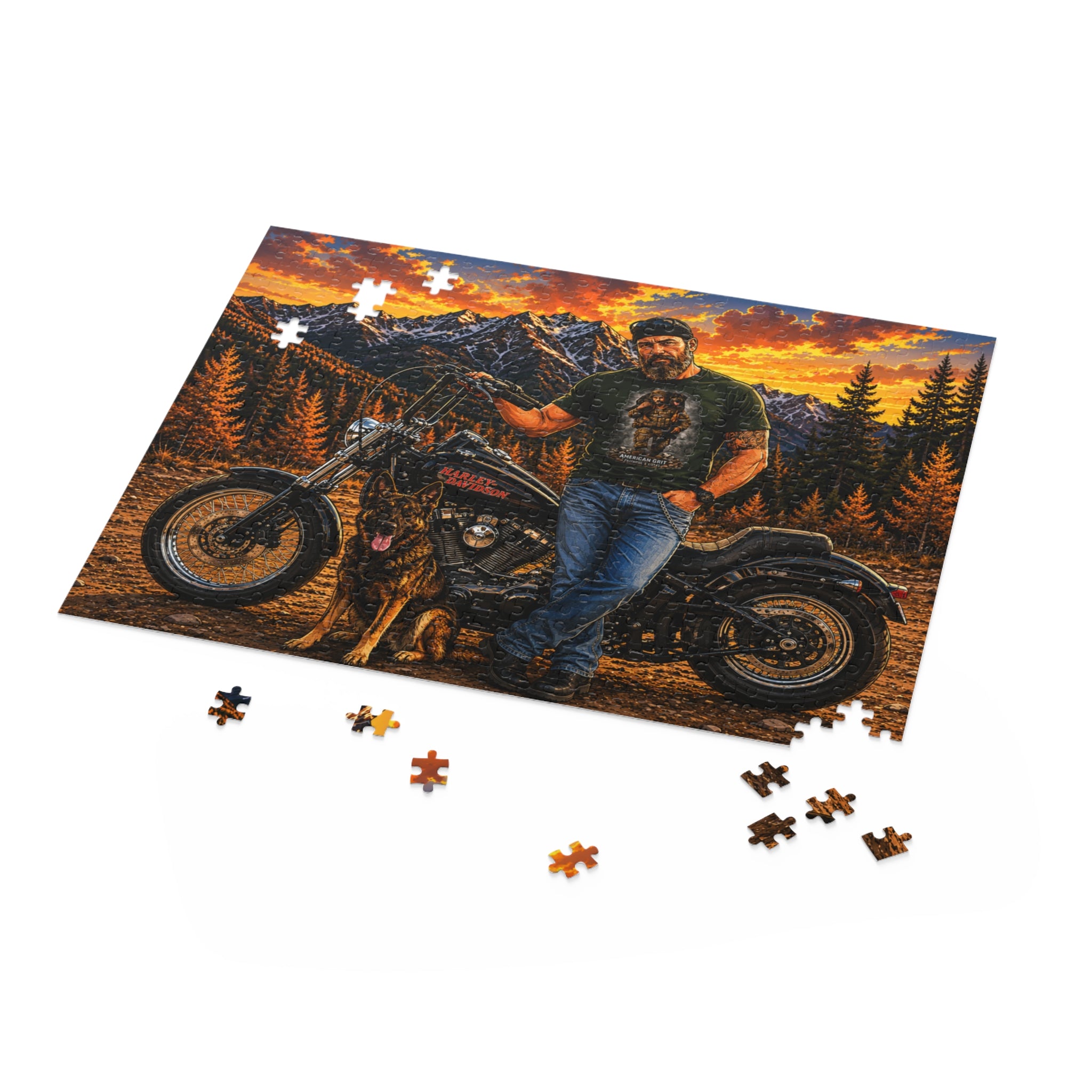 Motorcycle Sunset Puzzle — Biker with Dog Mountain Scene (120/252/500-Piece)