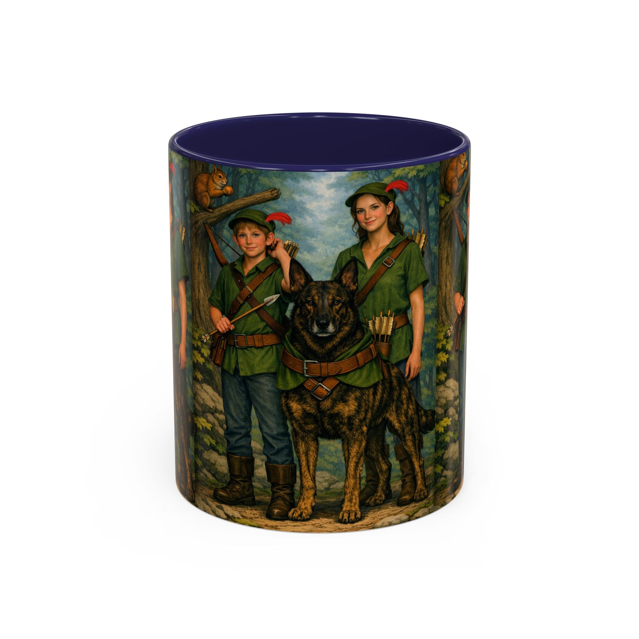 Robin Hood Duo &  Dutch Shepherd Dog Coffee Mug – Fantasy Archer Duo Illustration, Gift for Adventure Fans