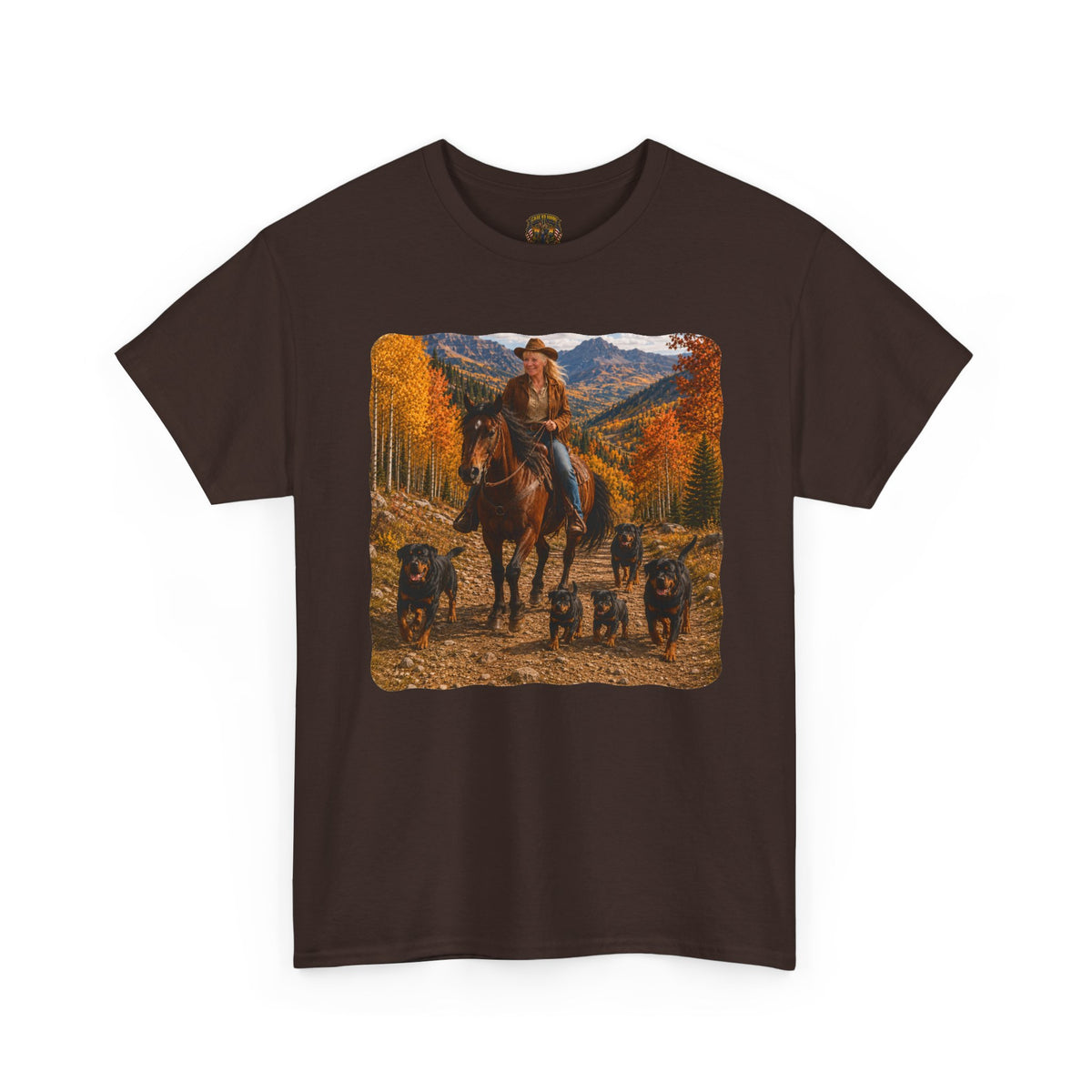 Ruff Riders Cowboy Trail T‑Shirt — Western Rider Scene with Horses & Rottweilers
