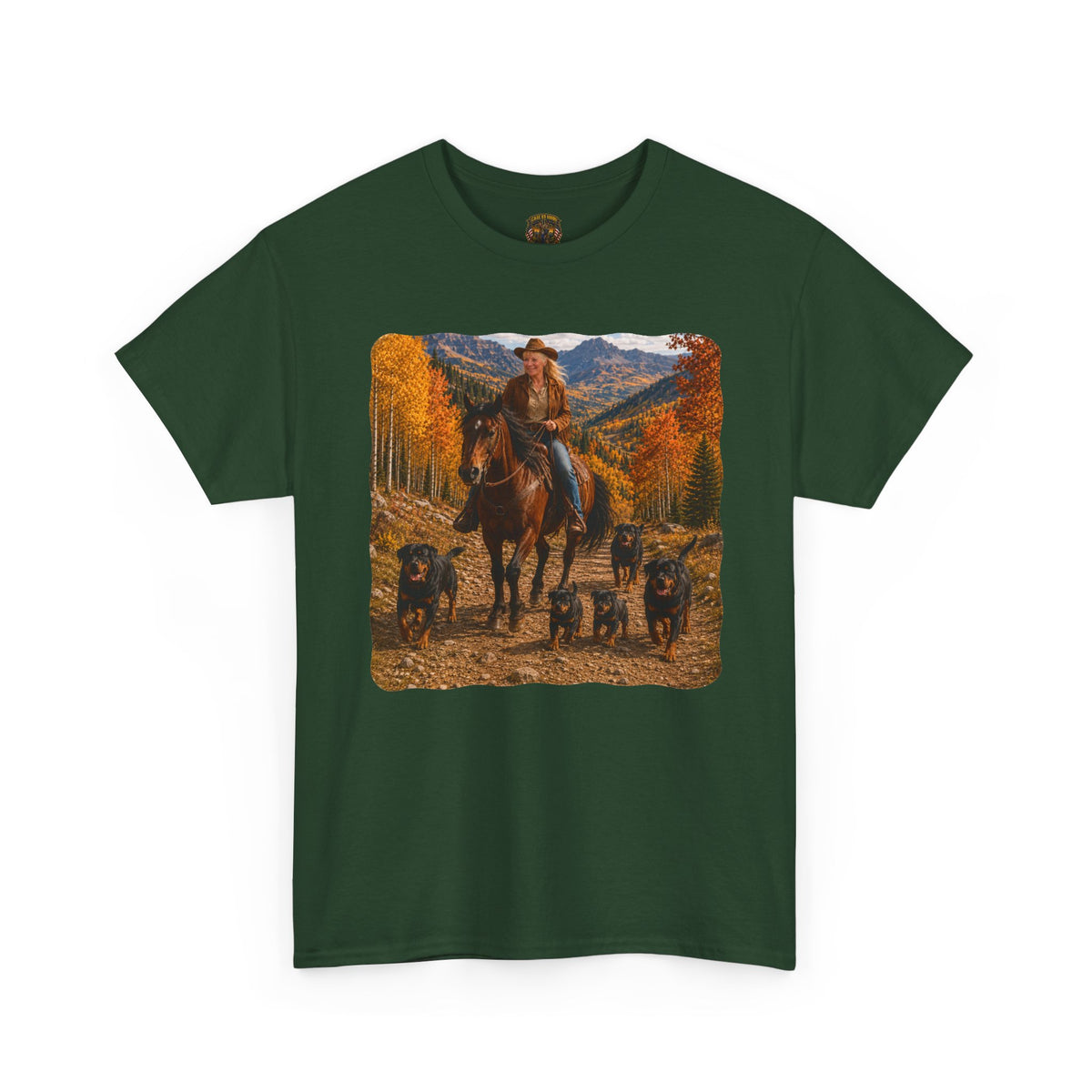 Ruff Riders Cowboy Trail T‑Shirt — Western Rider Scene with Horses & Rottweilers