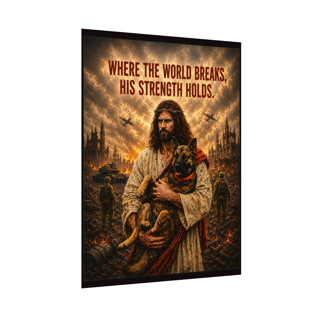 Christian Inspirational Poster — "Where the World Breaks, His Strength Holds" Matte Art