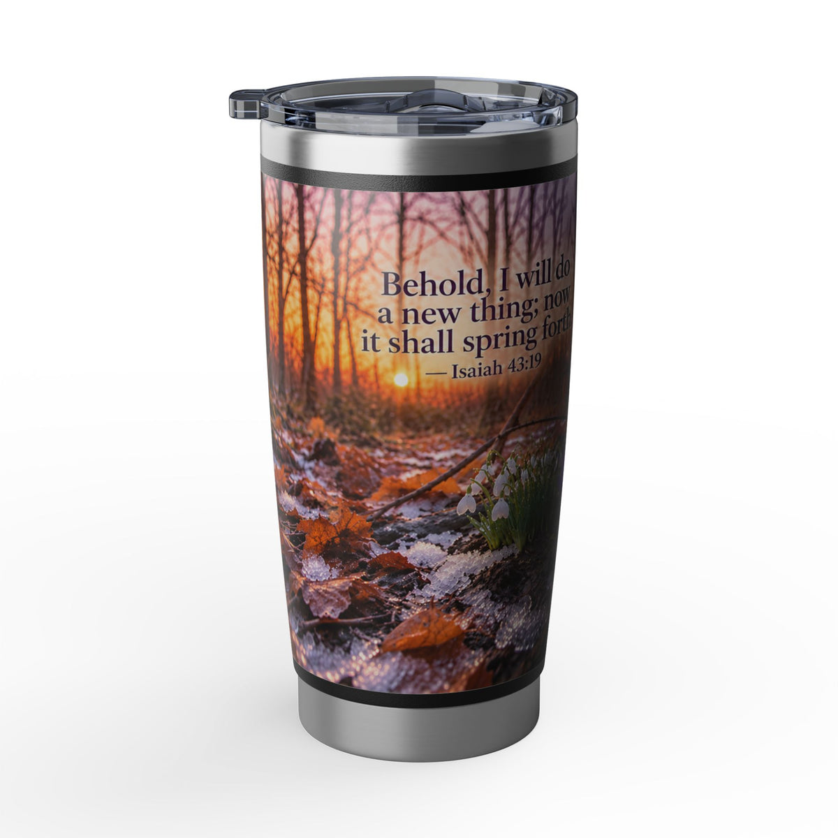 Vagabond 20oz Tumbler — Forest Scripture Sunrise Travel Mug with Inspirational Scripture