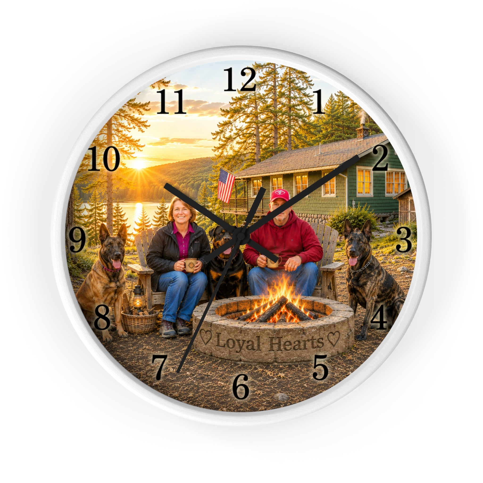 Cabin Campfire Clock — Personalized Lakeside Family Wall Clock ("Loyal Hearts")