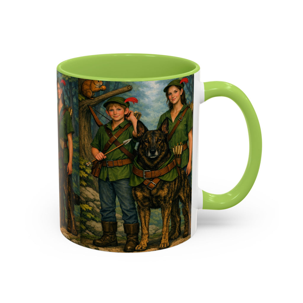 Robin Hood Duo &  Dutch Shepherd Dog Coffee Mug – Fantasy Archer Duo Illustration, Gift for Adventure Fans