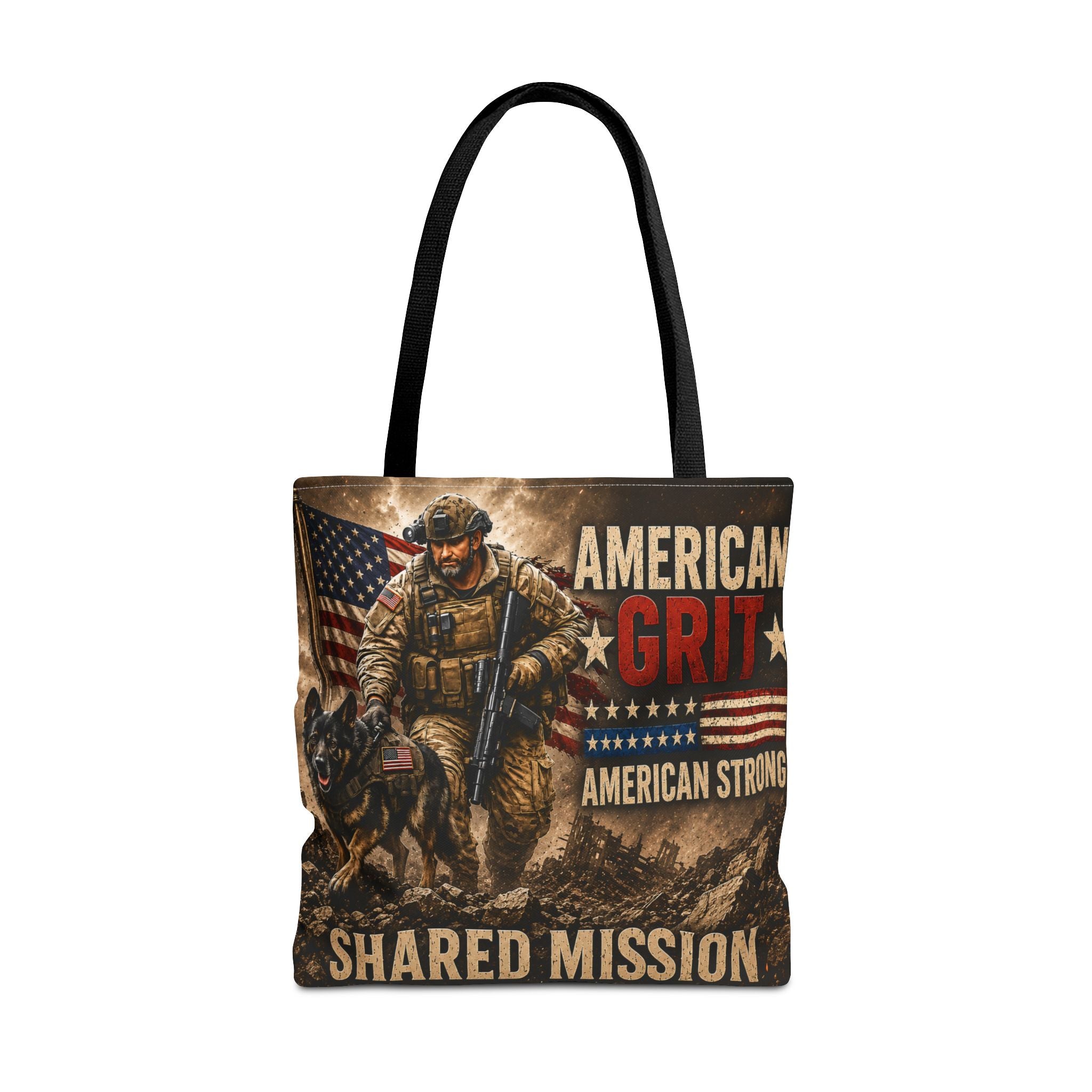 American Grit Military Tote Bag - "Shared Mission" Patriotic Veteran Flag Design