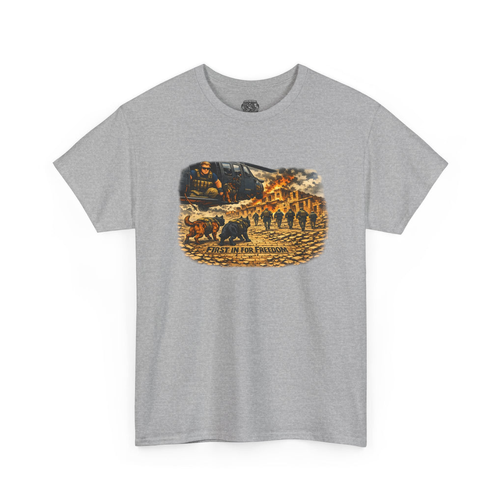 Military K-9 Freedom T-Shirt – "The First In to Battle" Graphic Tee
