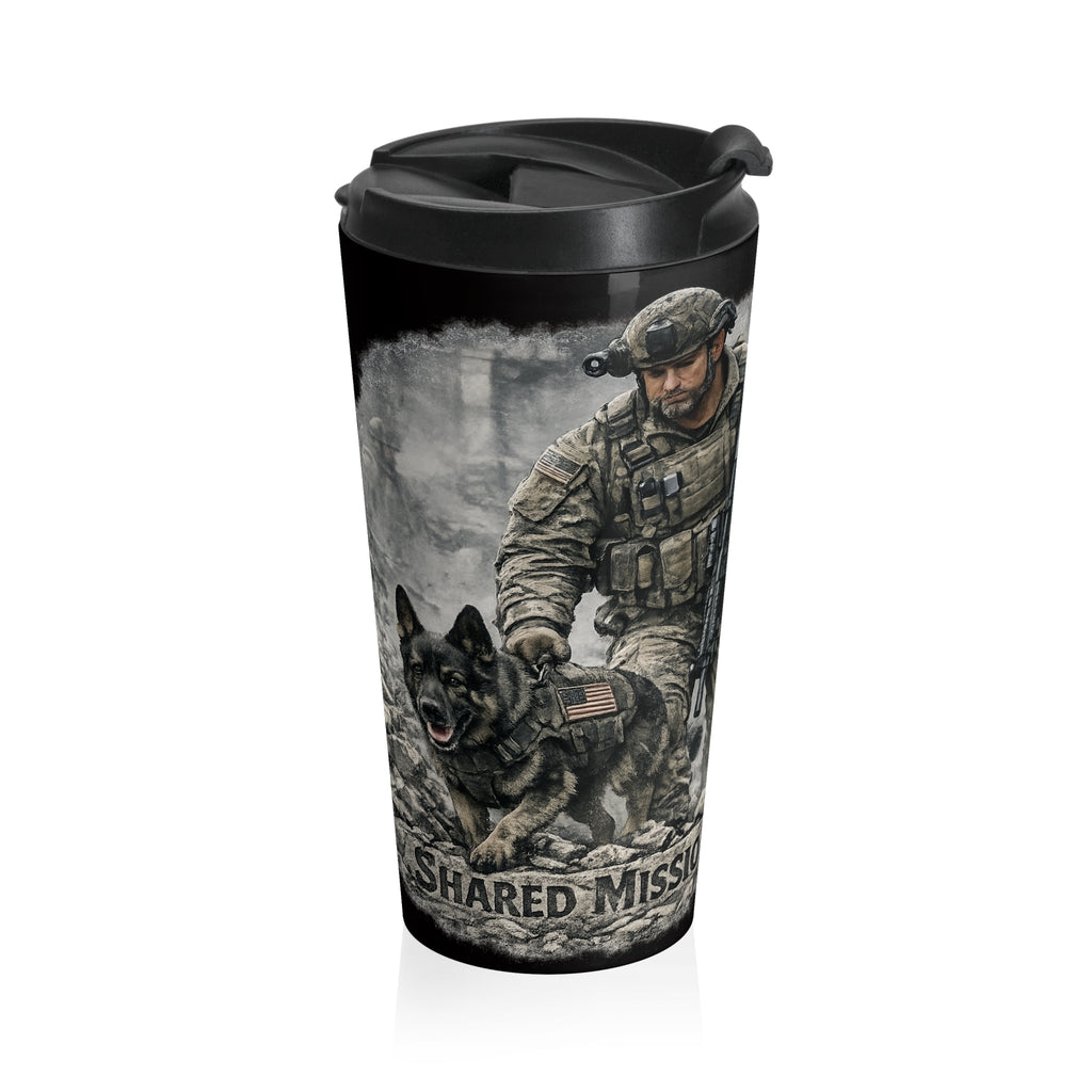 Tactical K9 Stainless Steel Travel Mug — Military Dog Handler Mission Shield Design