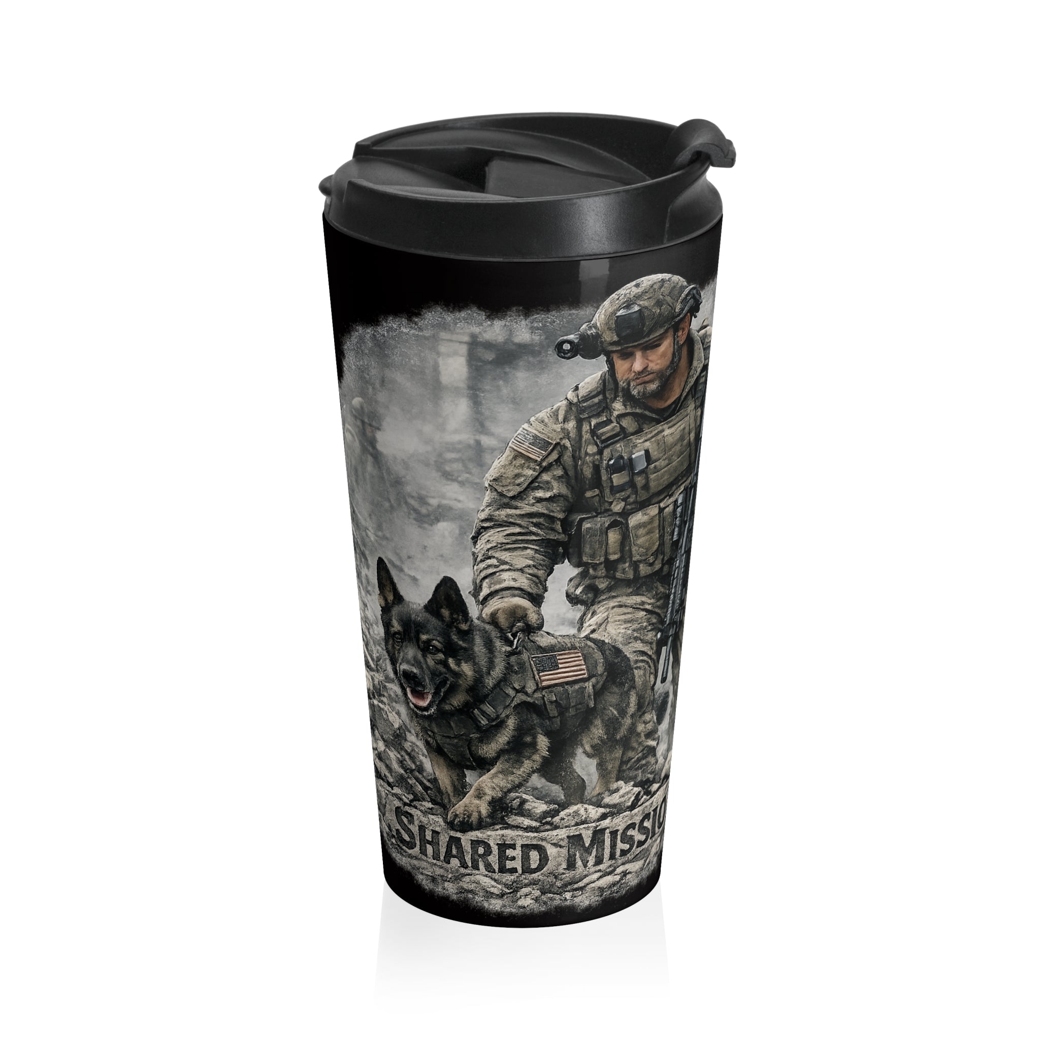 Tactical K9 Stainless Steel Travel Mug — Military Dog Handler Mission Shield Design
