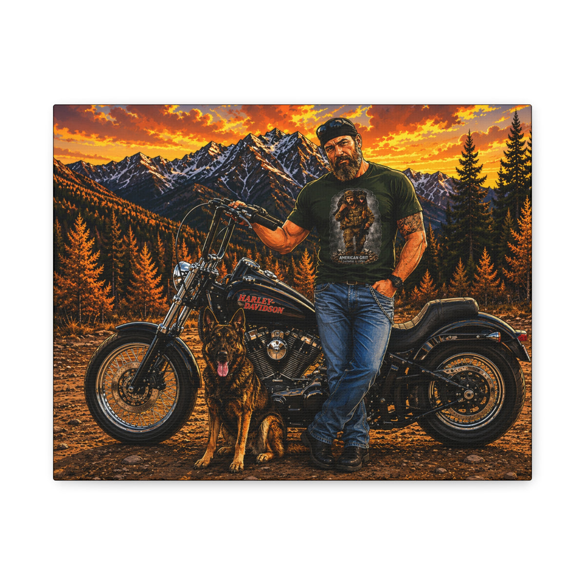 Biker & German Shepherd Matte Canvas Print — Sunset Mountain Motorcycle Wall Art