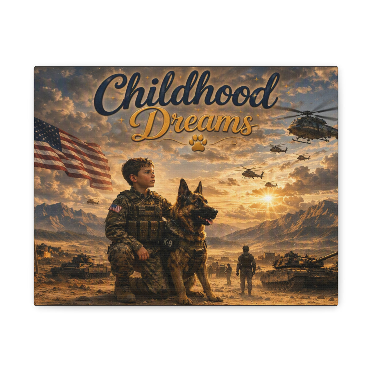 Childhood Dreams Military Canvas Wall Art — Kid Soldier & K9 Patriotic Stretched Matte Canvas