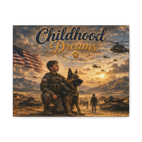 Childhood Dreams Military Canvas Wall Art — Kid Soldier & K9 Patriotic Stretched Matte Canvas