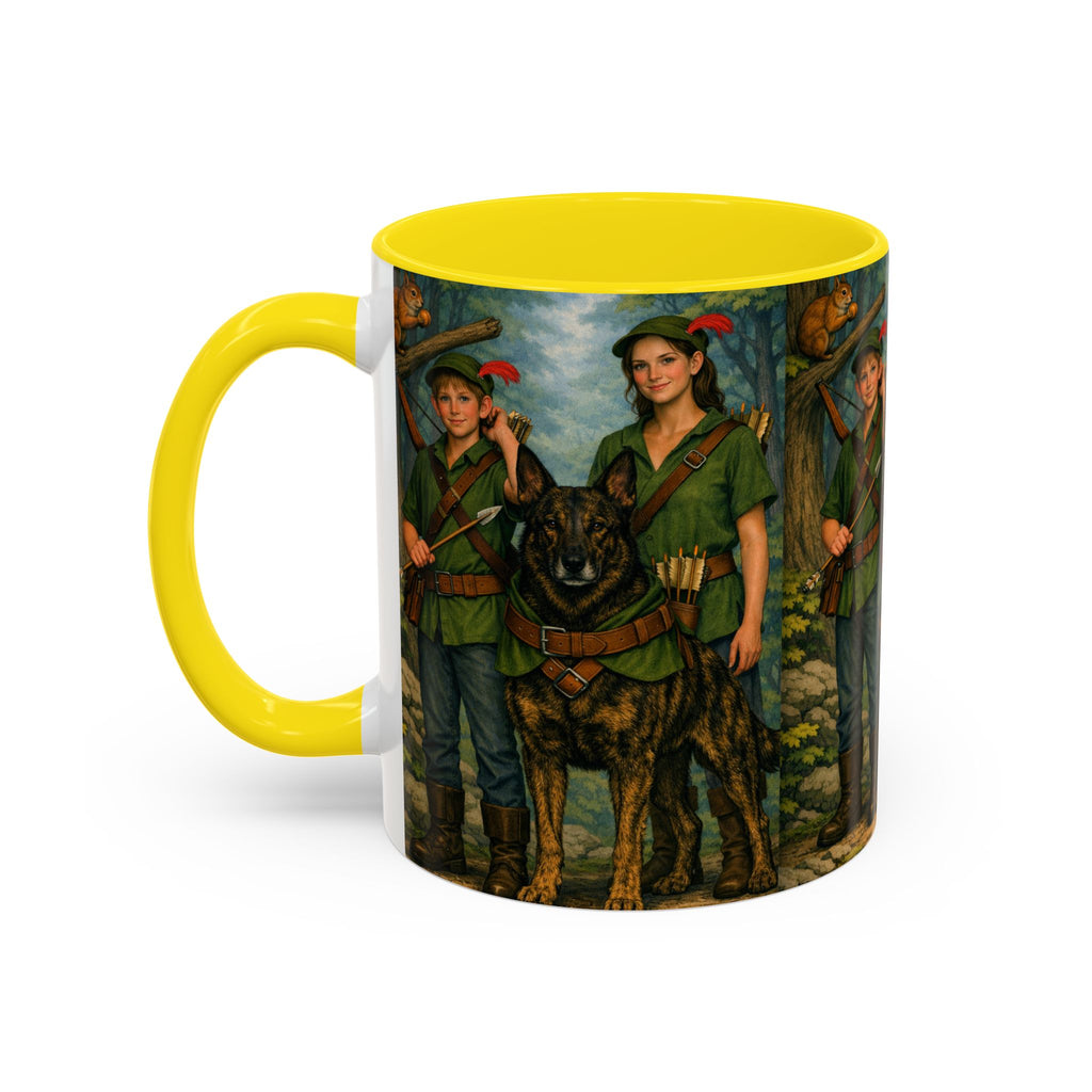 Robin Hood Duo &  Dutch Shepherd Dog Coffee Mug – Fantasy Archer Duo Illustration, Gift for Adventure Fans