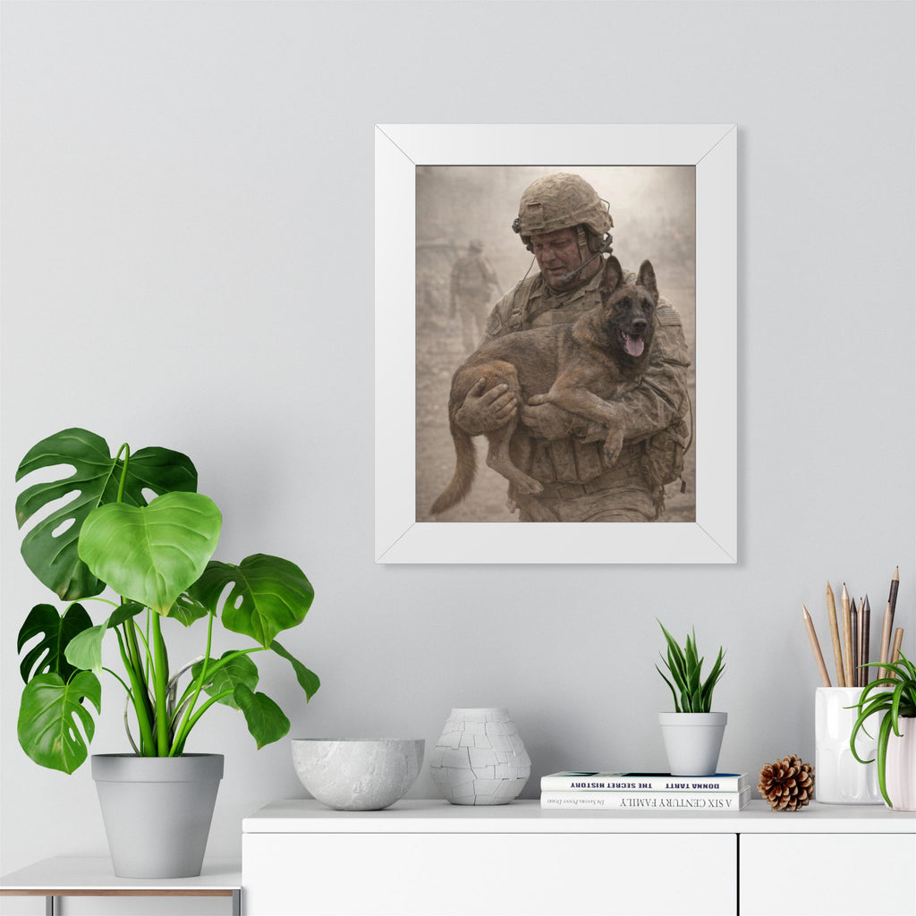 Framed Poster — Soldier Holding Military Working Dog (Veteran Tribute)