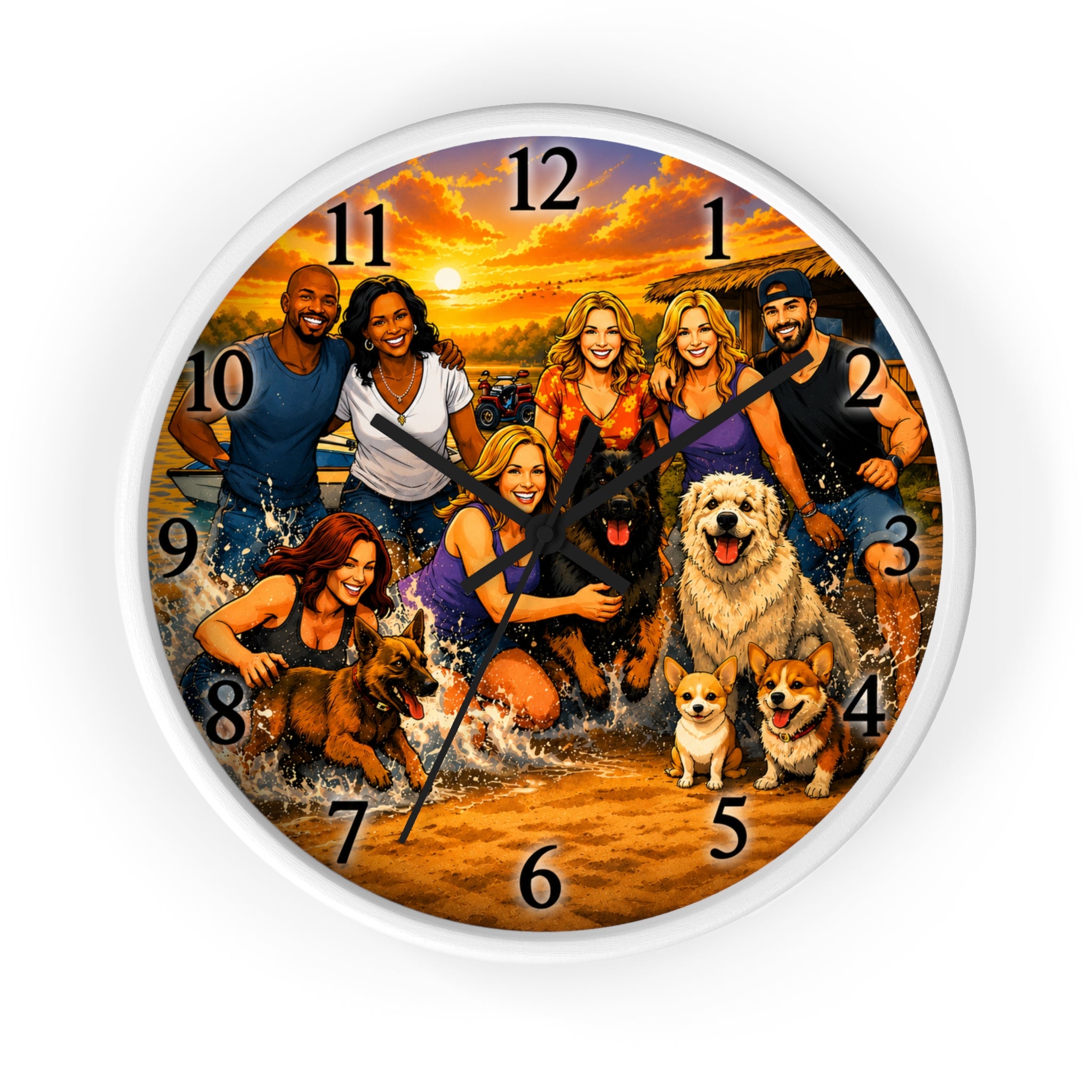 Sandy Paws Beach Wall Clock — Sunset Family and Dogs Portrait Design