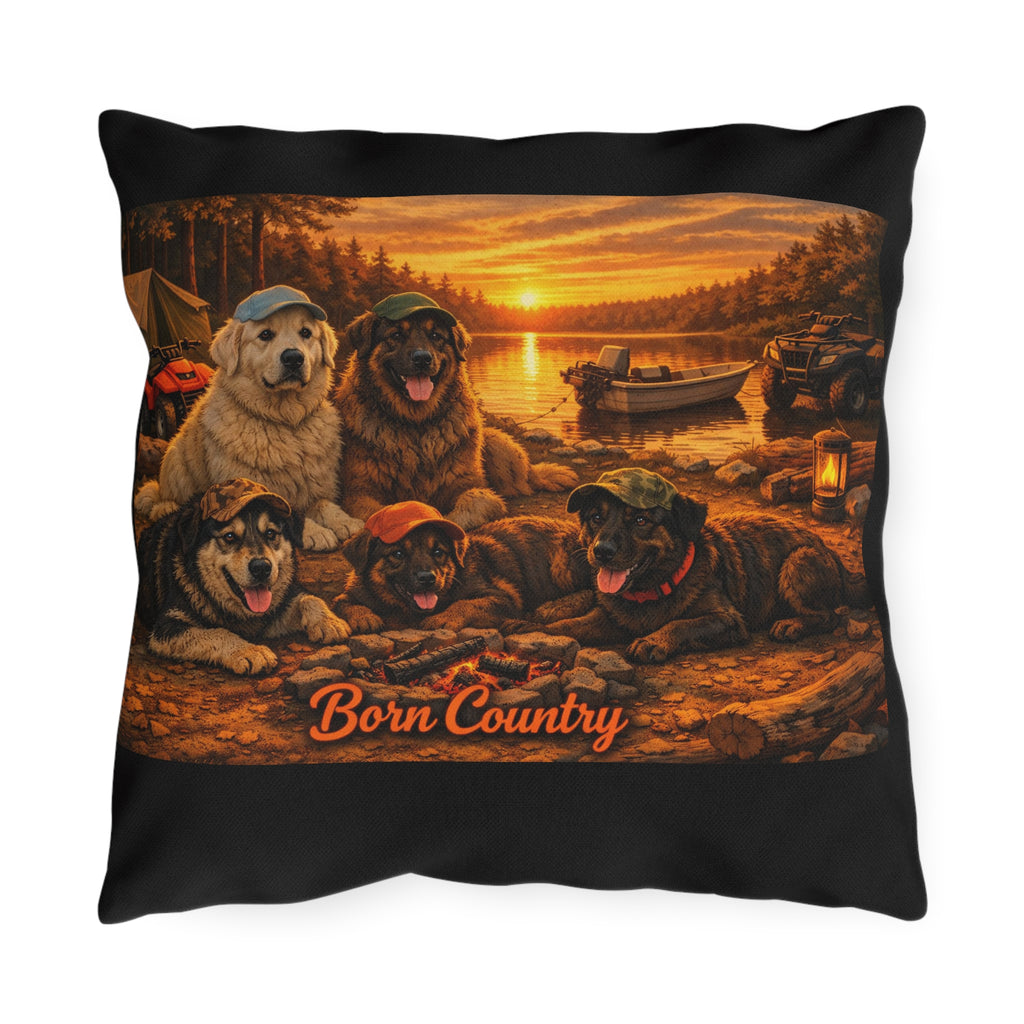Born Country Campfire Dog Outdoor Throw Pillow — Rustic Lakehouse Decor